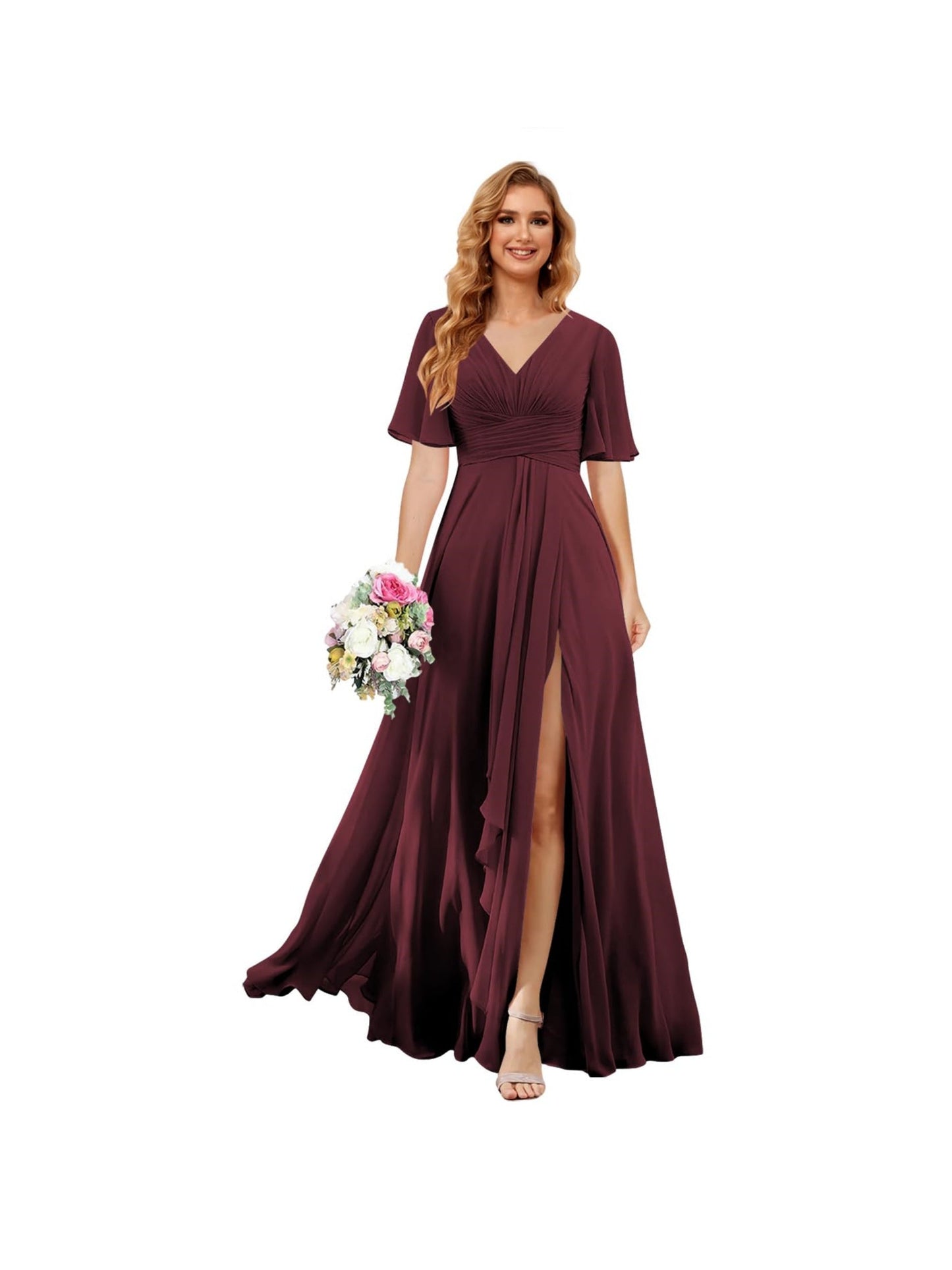 A Line/Princess V Neck Short Sleeve Floor Length Bridesmaid Dresses Chiffon with Slit