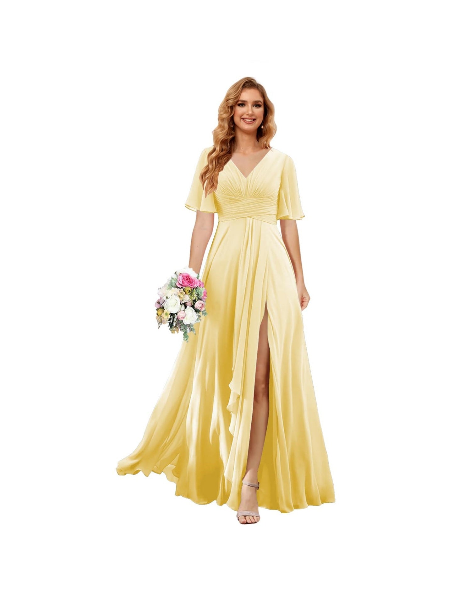 A Line/Princess V Neck Short Sleeve Floor Length Bridesmaid Dresses Chiffon with Slit