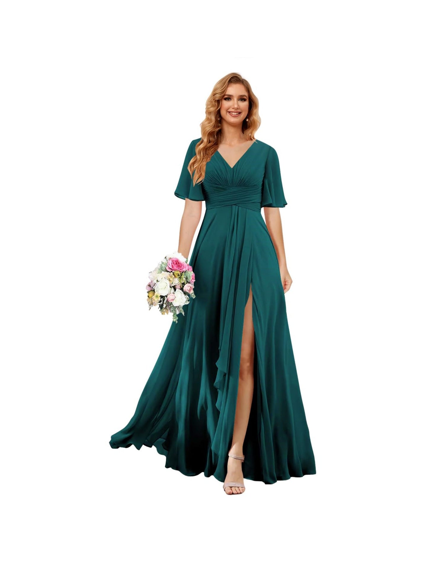 A Line/Princess V Neck Short Sleeve Floor Length Bridesmaid Dresses Chiffon with Slit