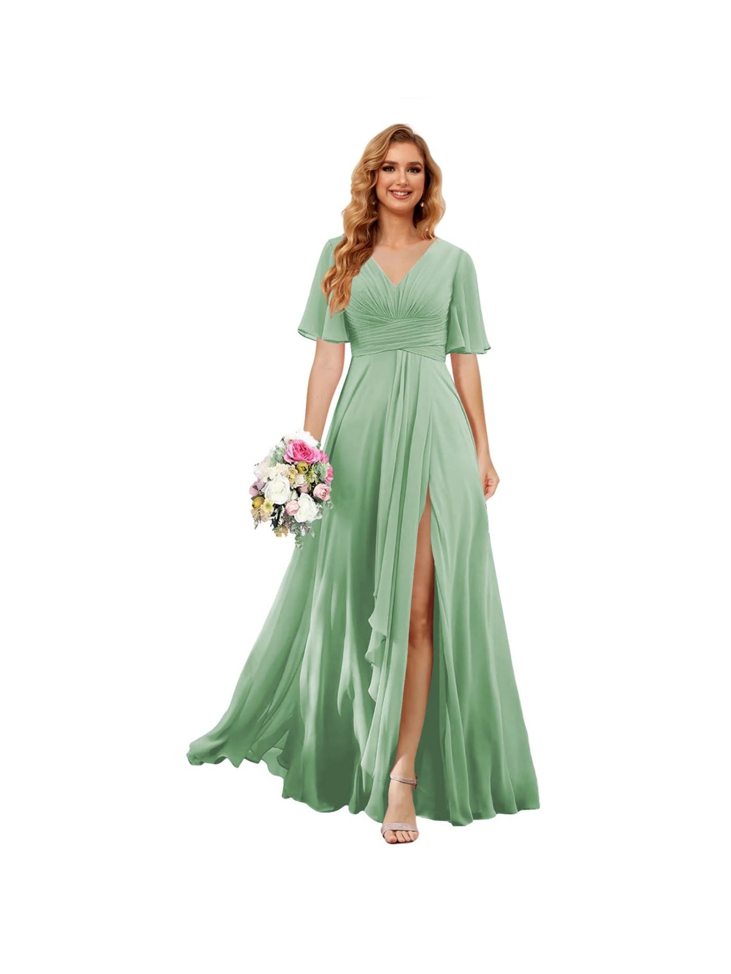 A Line/Princess V Neck Short Sleeve Floor Length Bridesmaid Dresses Chiffon with Slit
