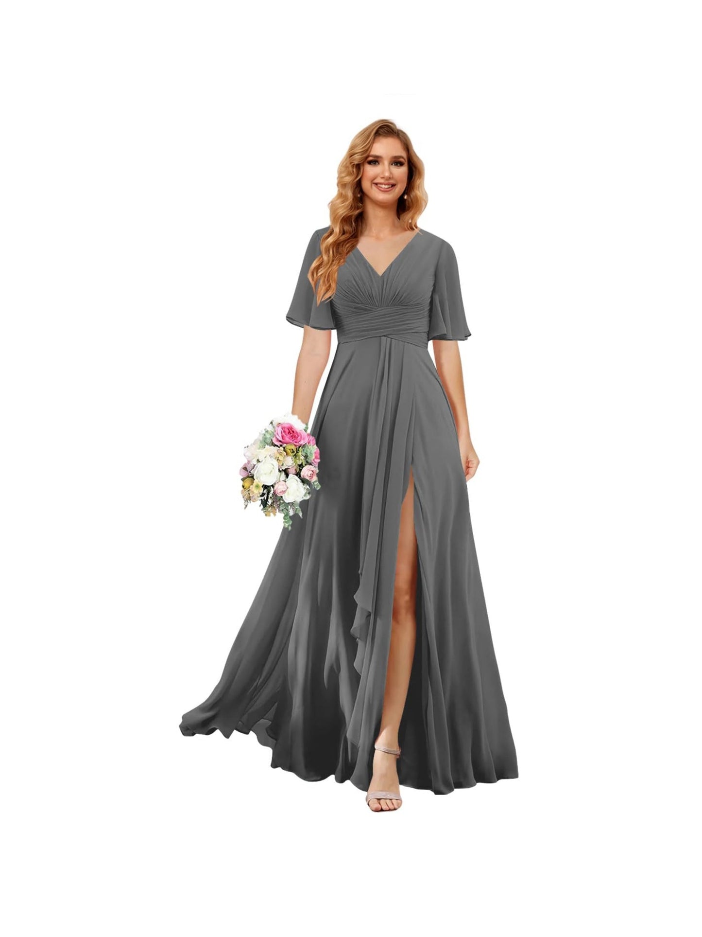 A Line/Princess V Neck Short Sleeve Floor Length Bridesmaid Dresses Chiffon with Slit