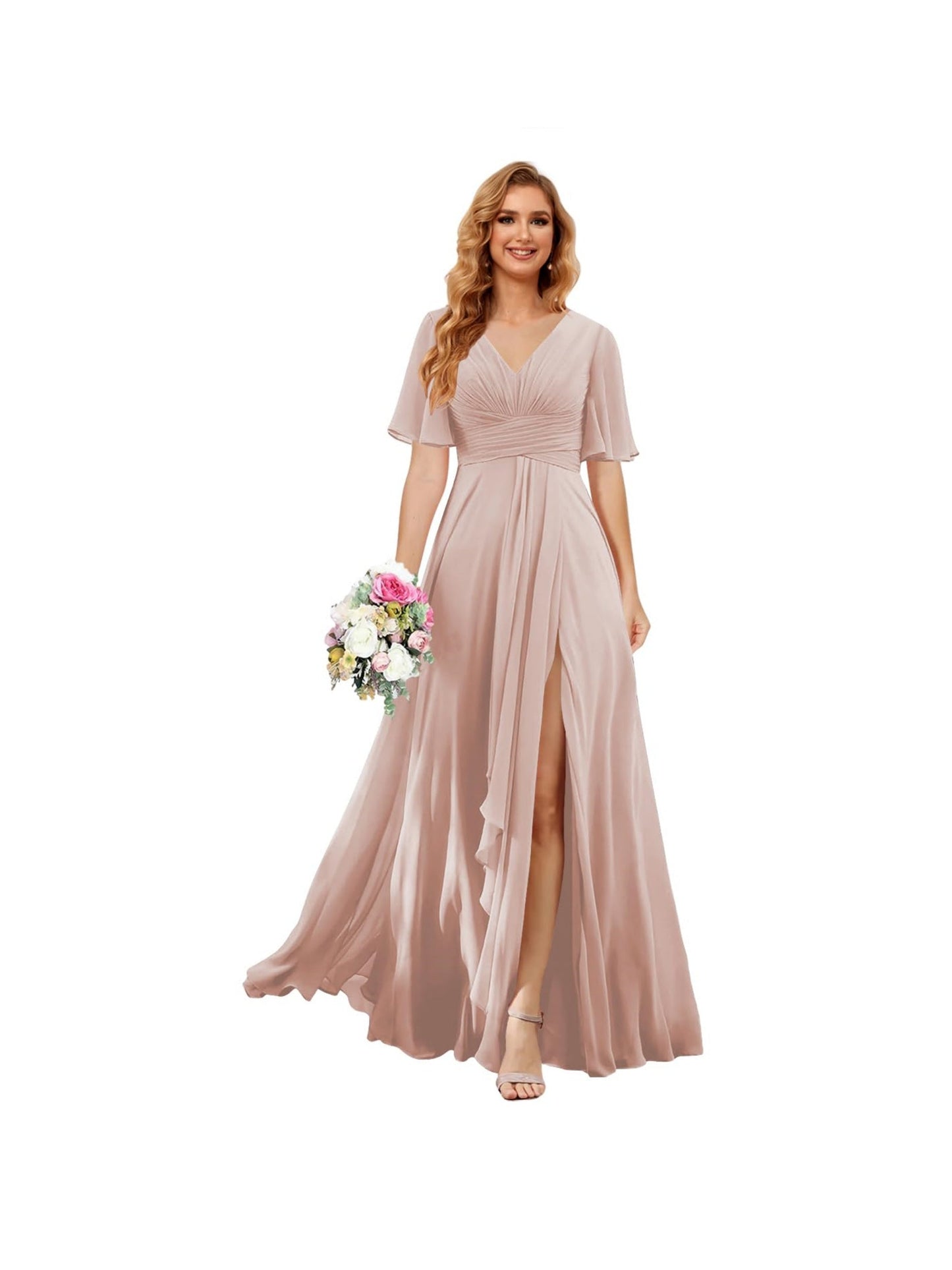 A Line/Princess V Neck Short Sleeve Floor Length Bridesmaid Dresses Chiffon with Slit