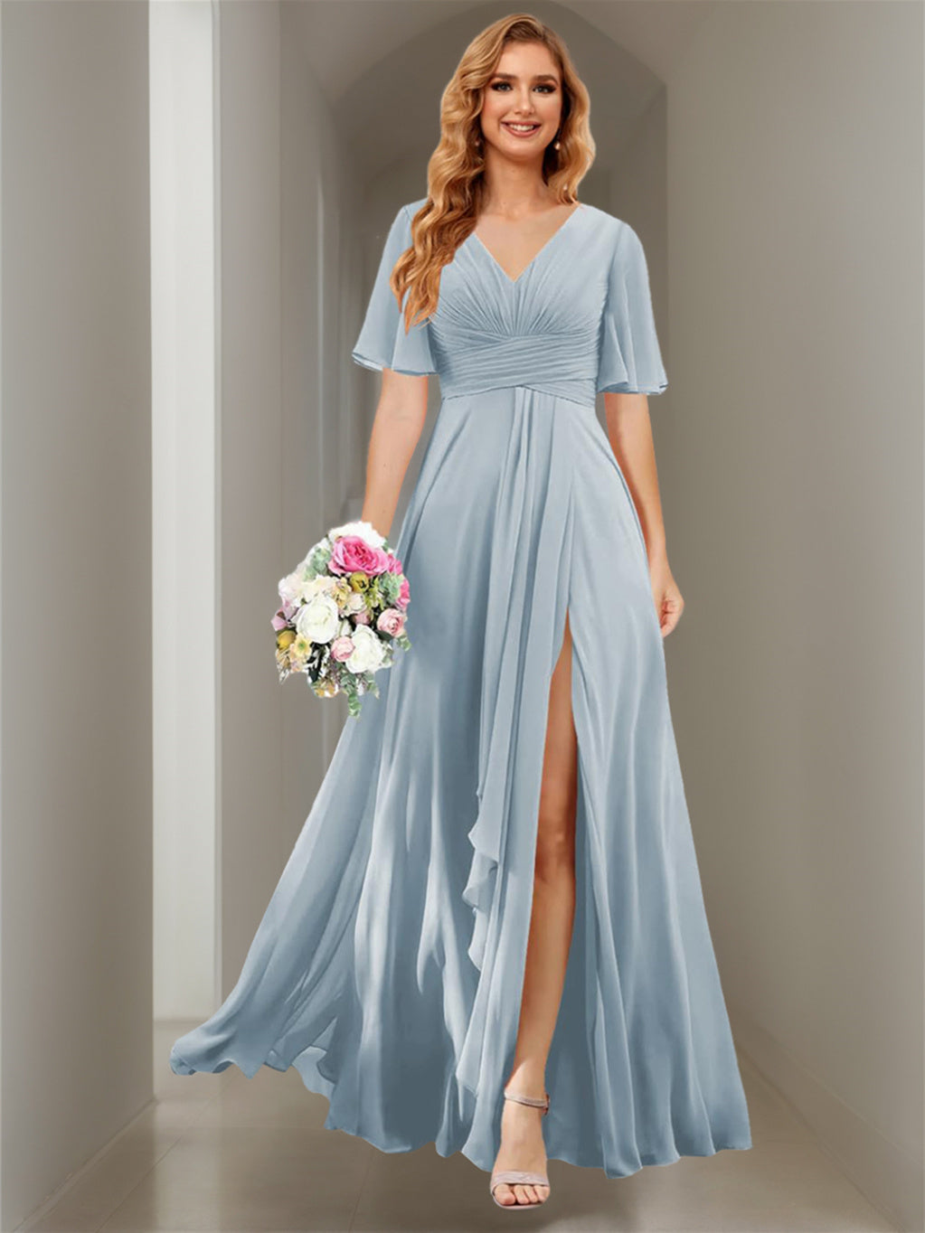 A Line/Princess V Neck Short Sleeve Floor Length Bridesmaid Dresses Chiffon with Slit