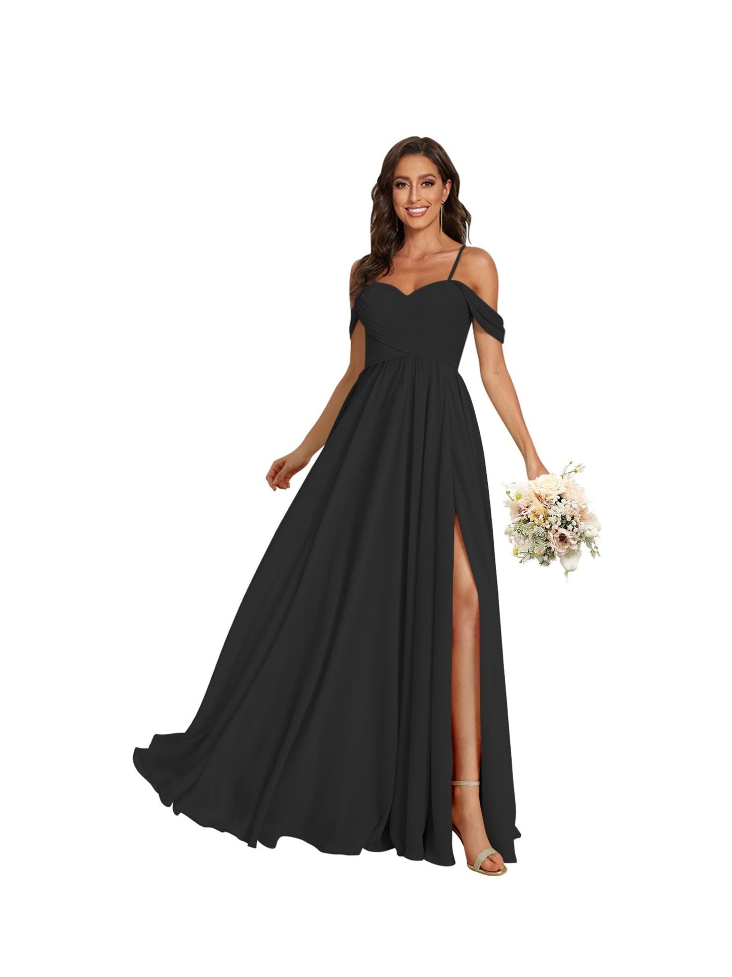 A Line /Princess Off Shoulder Sweetheart Sleeveless Floor Length Bridesmaid Dresses Chiffon with Pockets Slit
