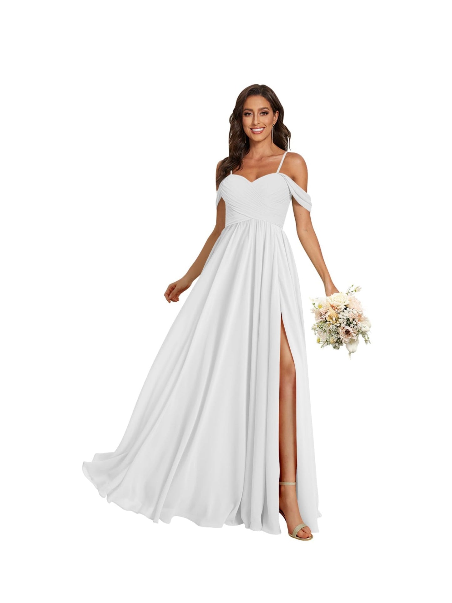 A Line /Princess Off Shoulder Sweetheart Sleeveless Floor Length Bridesmaid Dresses Chiffon with Pockets Slit
