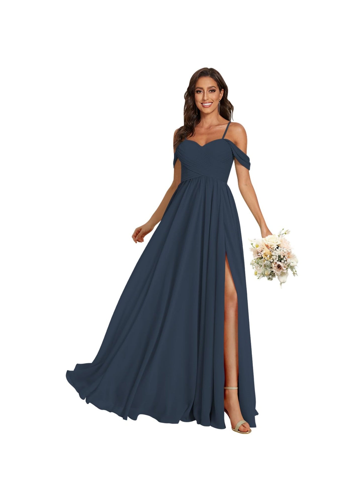 A Line /Princess Off Shoulder Sweetheart Sleeveless Floor Length Bridesmaid Dresses Chiffon with Pockets Slit