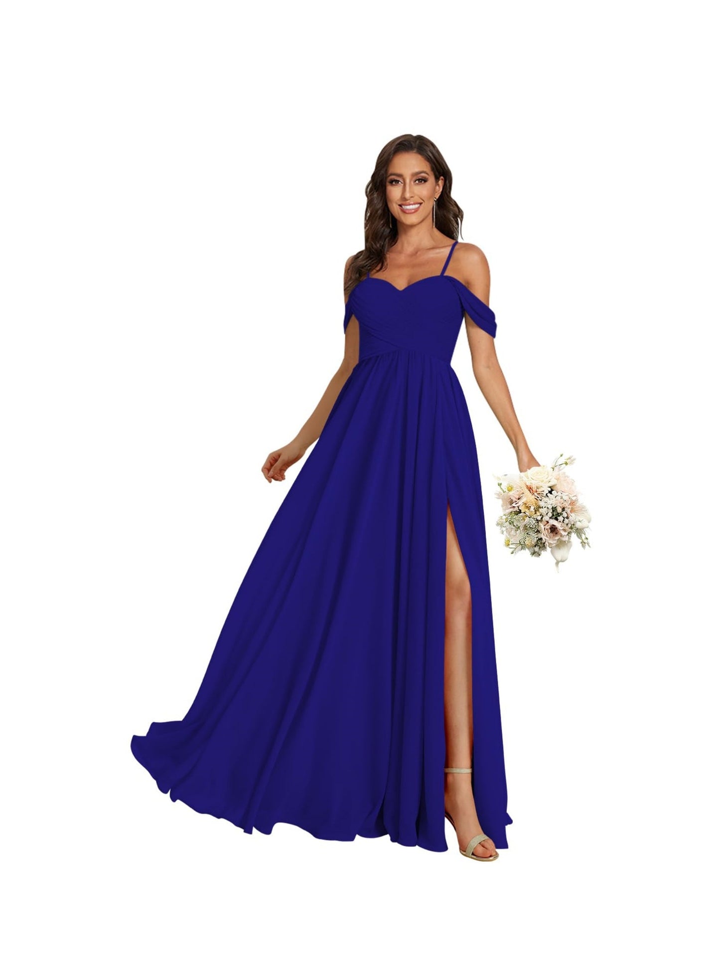 A Line /Princess Off Shoulder Sweetheart Sleeveless Floor Length Bridesmaid Dresses Chiffon with Pockets Slit