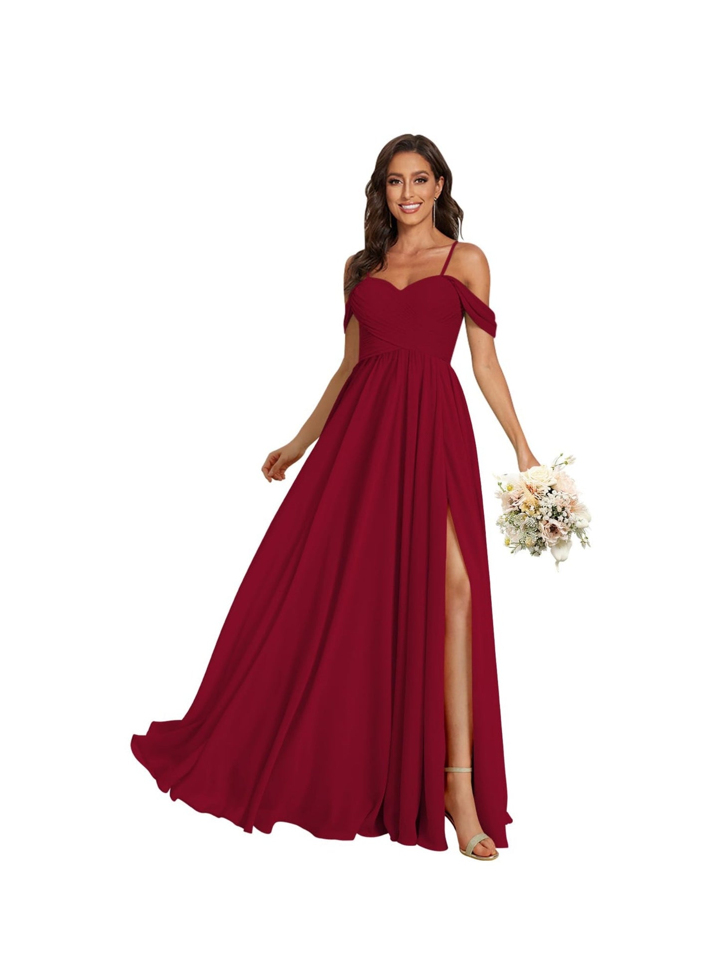 A Line /Princess Off Shoulder Sweetheart Sleeveless Floor Length Bridesmaid Dresses Chiffon with Pockets Slit