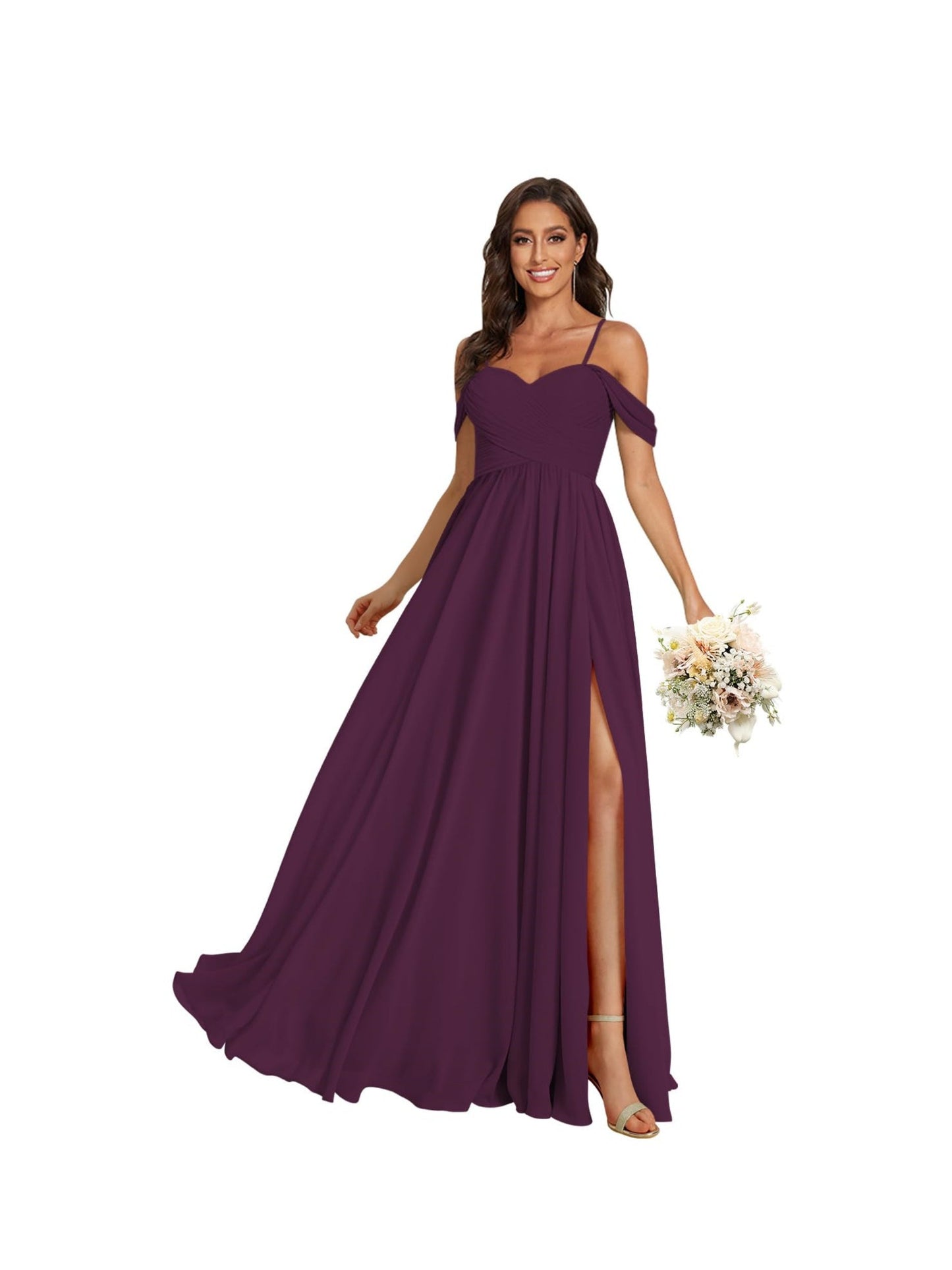 A Line /Princess Off Shoulder Sweetheart Sleeveless Floor Length Bridesmaid Dresses Chiffon with Pockets Slit