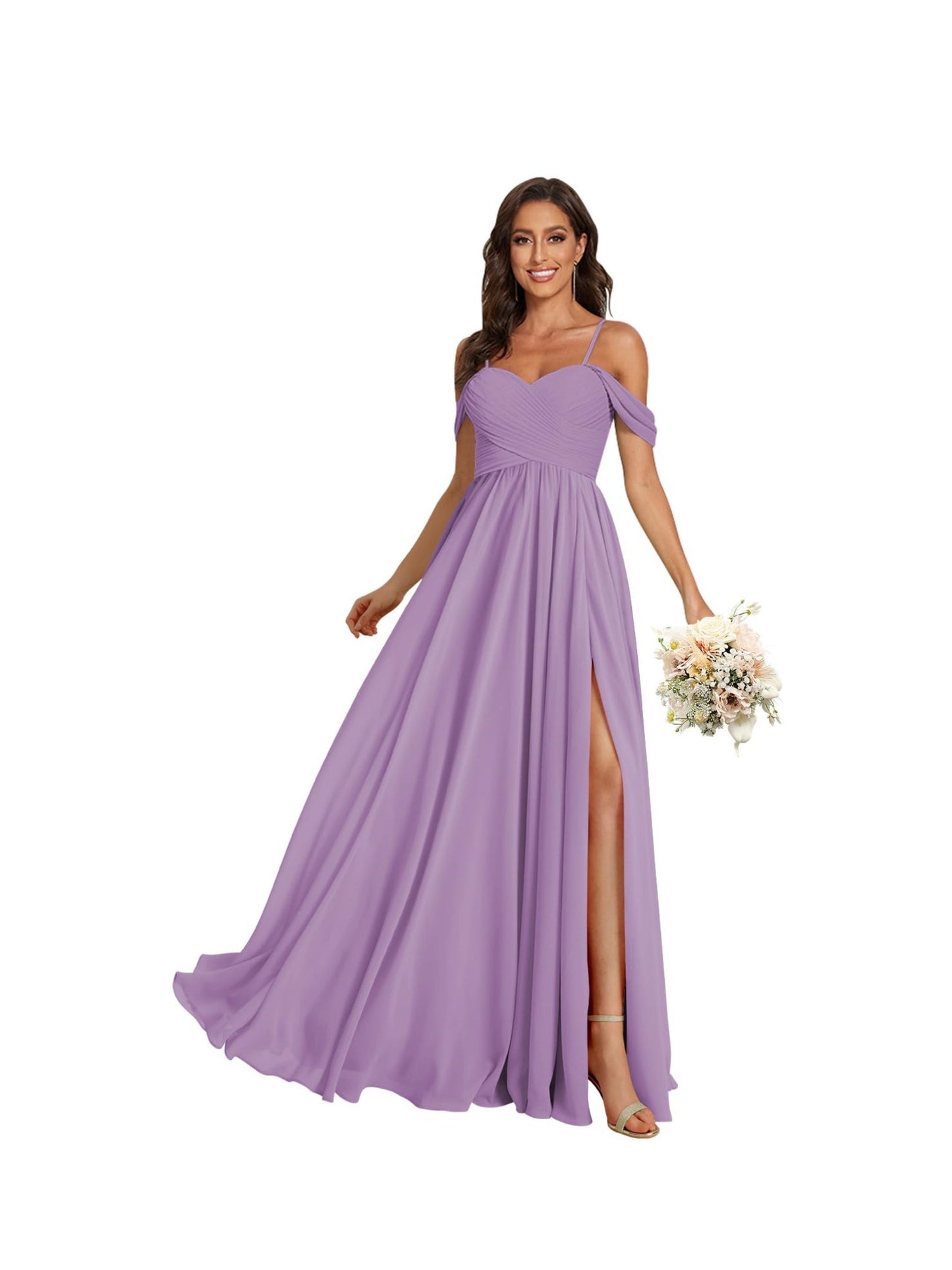 A Line /Princess Off Shoulder Sweetheart Sleeveless Floor Length Bridesmaid Dresses Chiffon with Pockets Slit