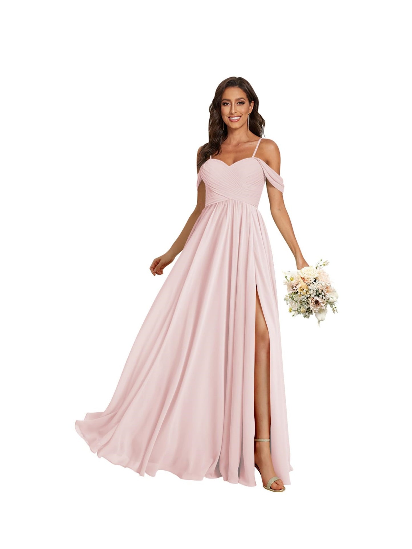 A Line /Princess Off Shoulder Sweetheart Sleeveless Floor Length Bridesmaid Dresses Chiffon with Pockets Slit