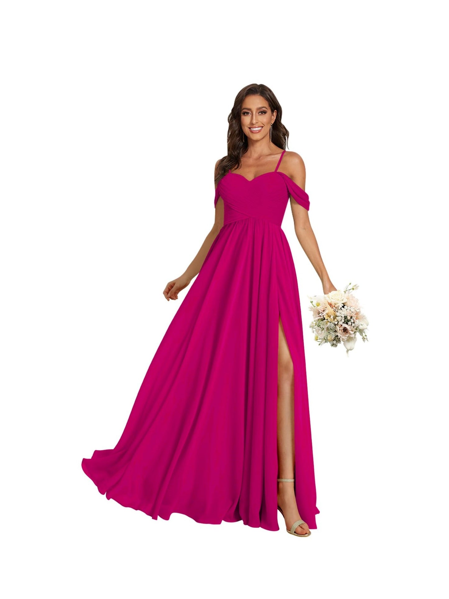 A Line /Princess Off Shoulder Sweetheart Sleeveless Floor Length Bridesmaid Dresses Chiffon with Pockets Slit