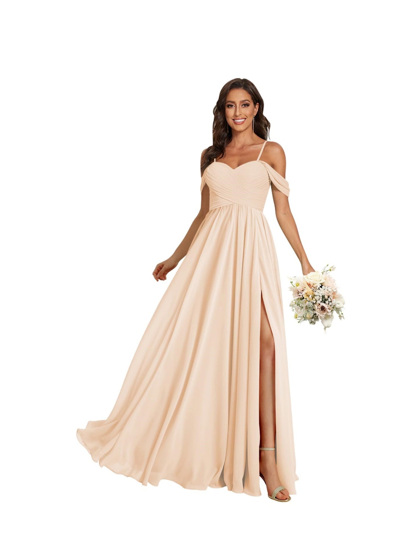 A Line /Princess Off Shoulder Sweetheart Sleeveless Floor Length Bridesmaid Dresses Chiffon with Pockets Slit