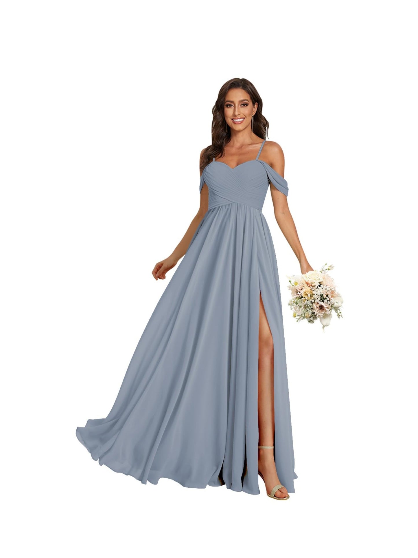 A Line /Princess Off Shoulder Sweetheart Sleeveless Floor Length Bridesmaid Dresses Chiffon with Pockets Slit
