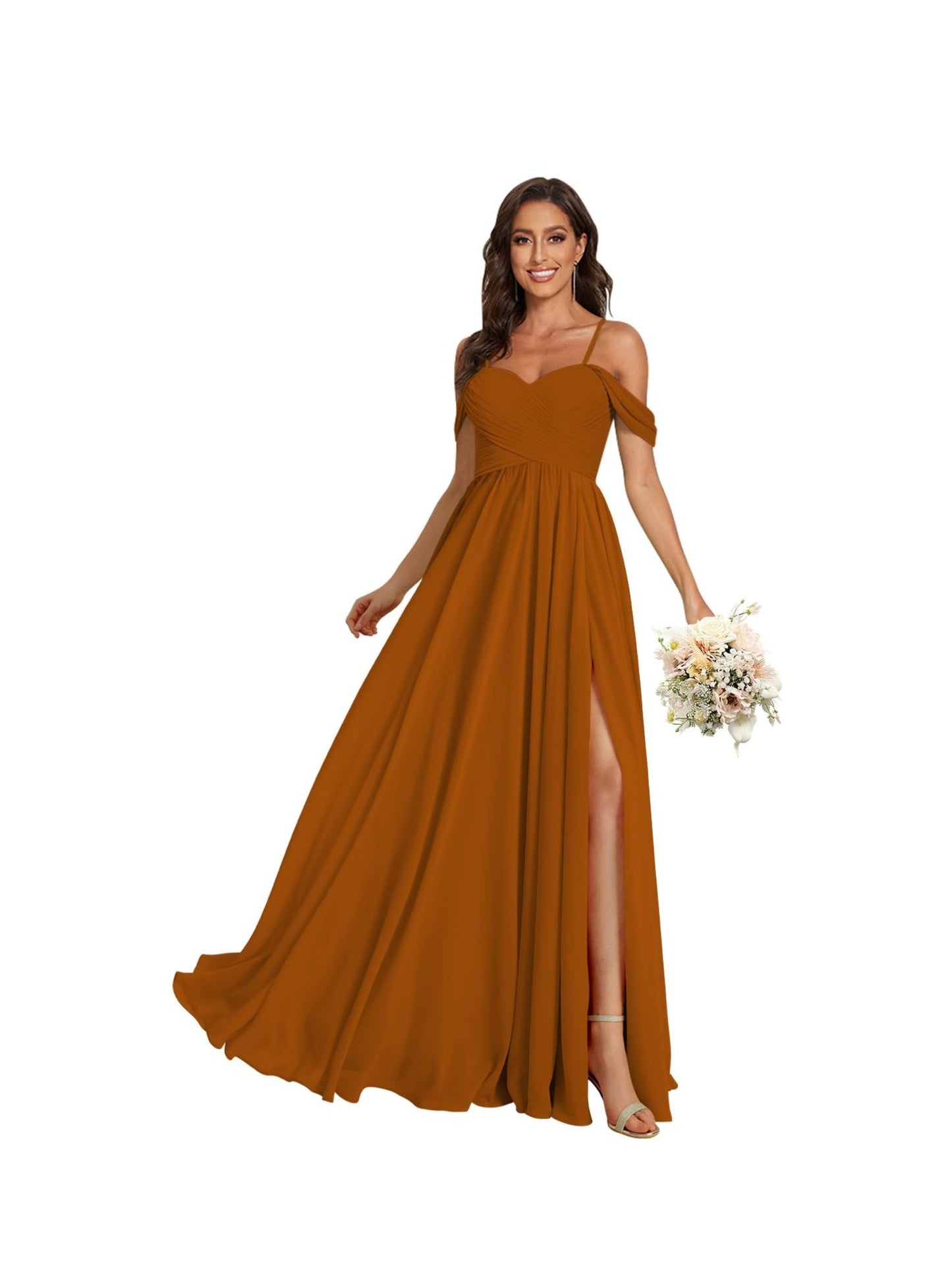 A Line /Princess Off Shoulder Sweetheart Sleeveless Floor Length Bridesmaid Dresses Chiffon with Pockets Slit