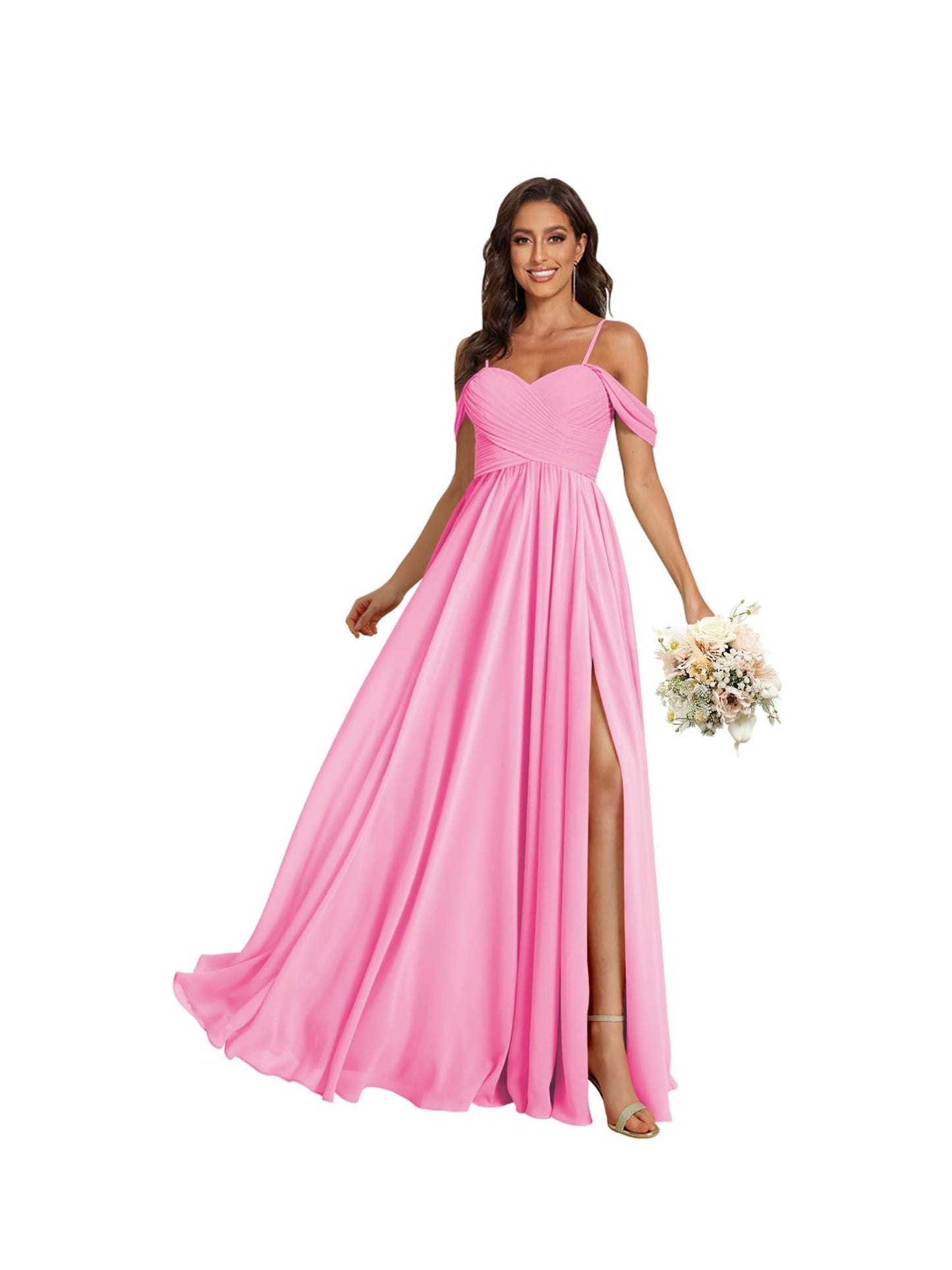 A Line /Princess Off Shoulder Sweetheart Sleeveless Floor Length Bridesmaid Dresses Chiffon with Pockets Slit