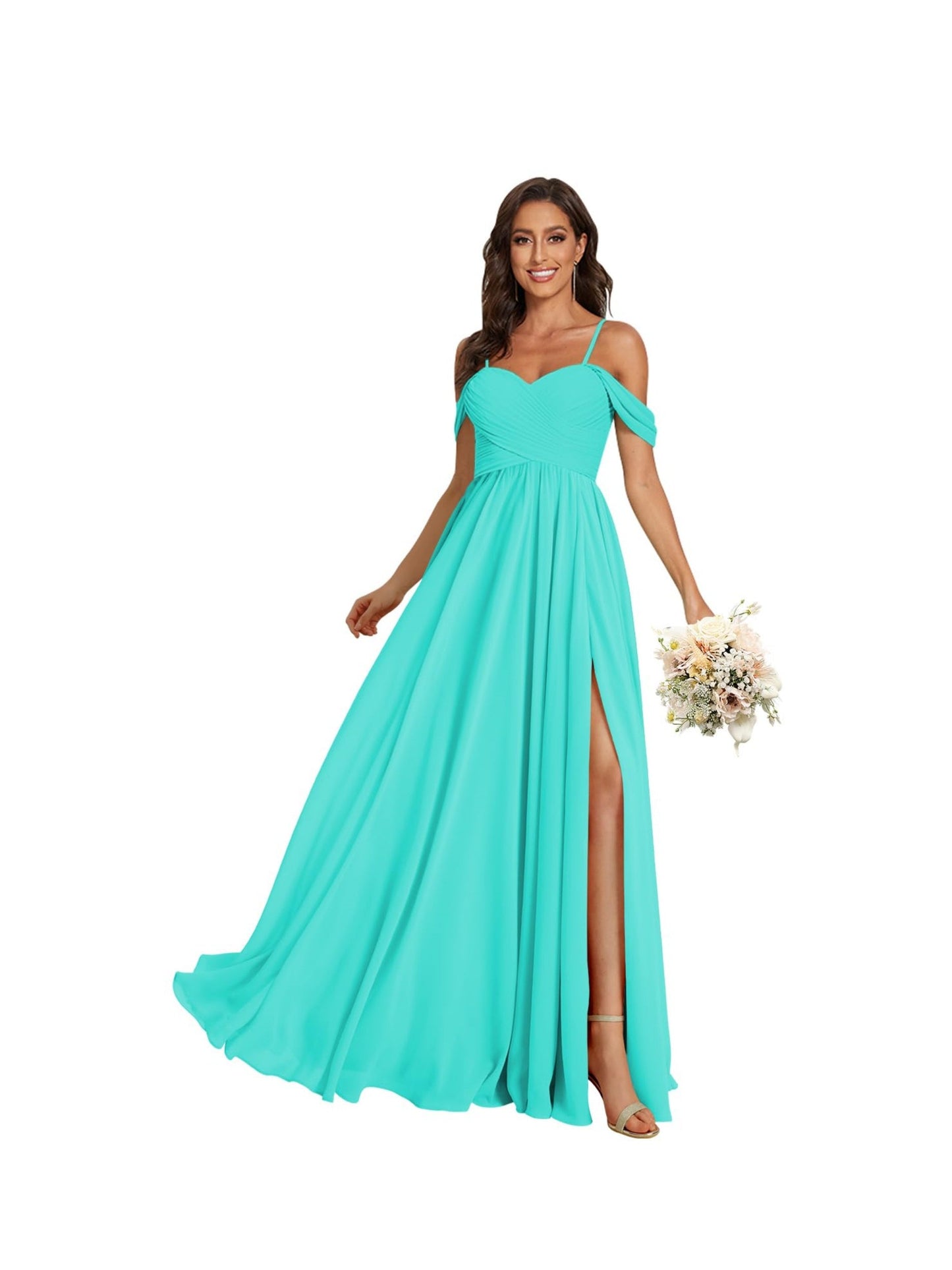 A Line /Princess Off Shoulder Sweetheart Sleeveless Floor Length Bridesmaid Dresses Chiffon with Pockets Slit