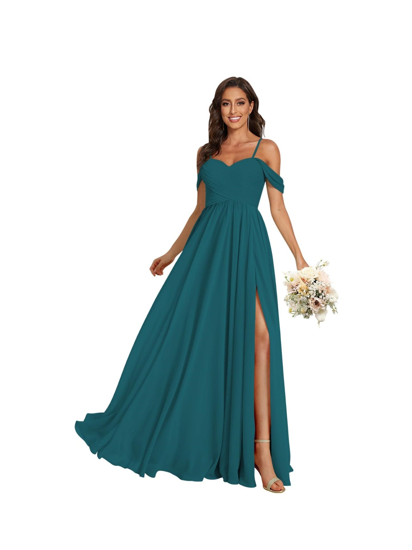 A Line /Princess Off Shoulder Sweetheart Sleeveless Floor Length Bridesmaid Dresses Chiffon with Pockets Slit