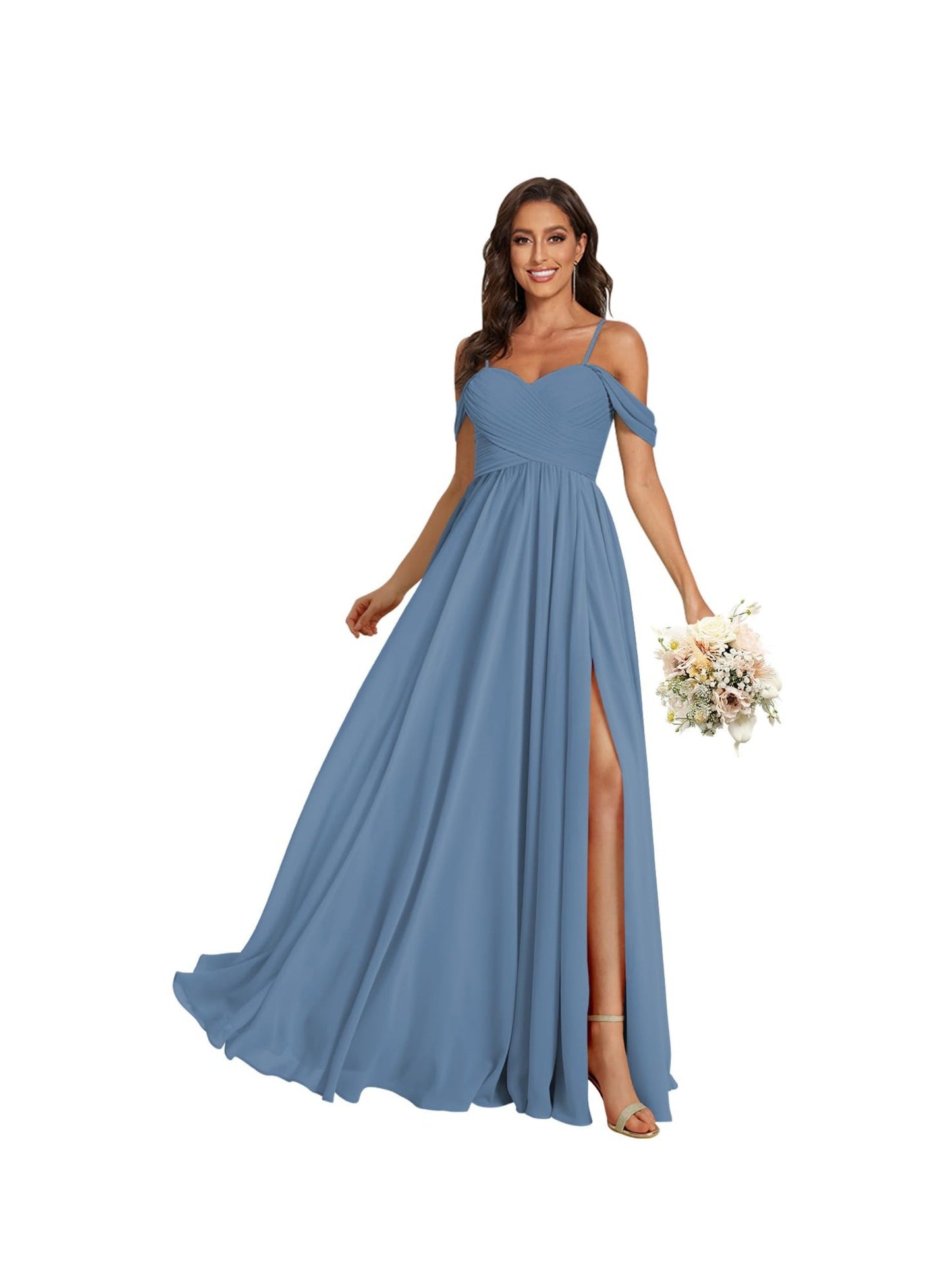 A Line /Princess Off Shoulder Sweetheart Sleeveless Floor Length Bridesmaid Dresses Chiffon with Pockets Slit