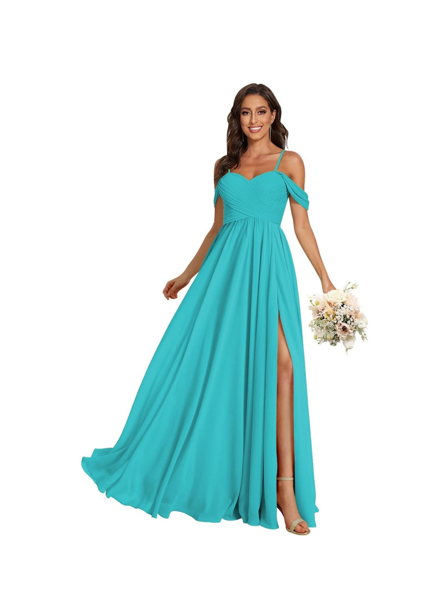 A Line /Princess Off Shoulder Sweetheart Sleeveless Floor Length Bridesmaid Dresses Chiffon with Pockets Slit