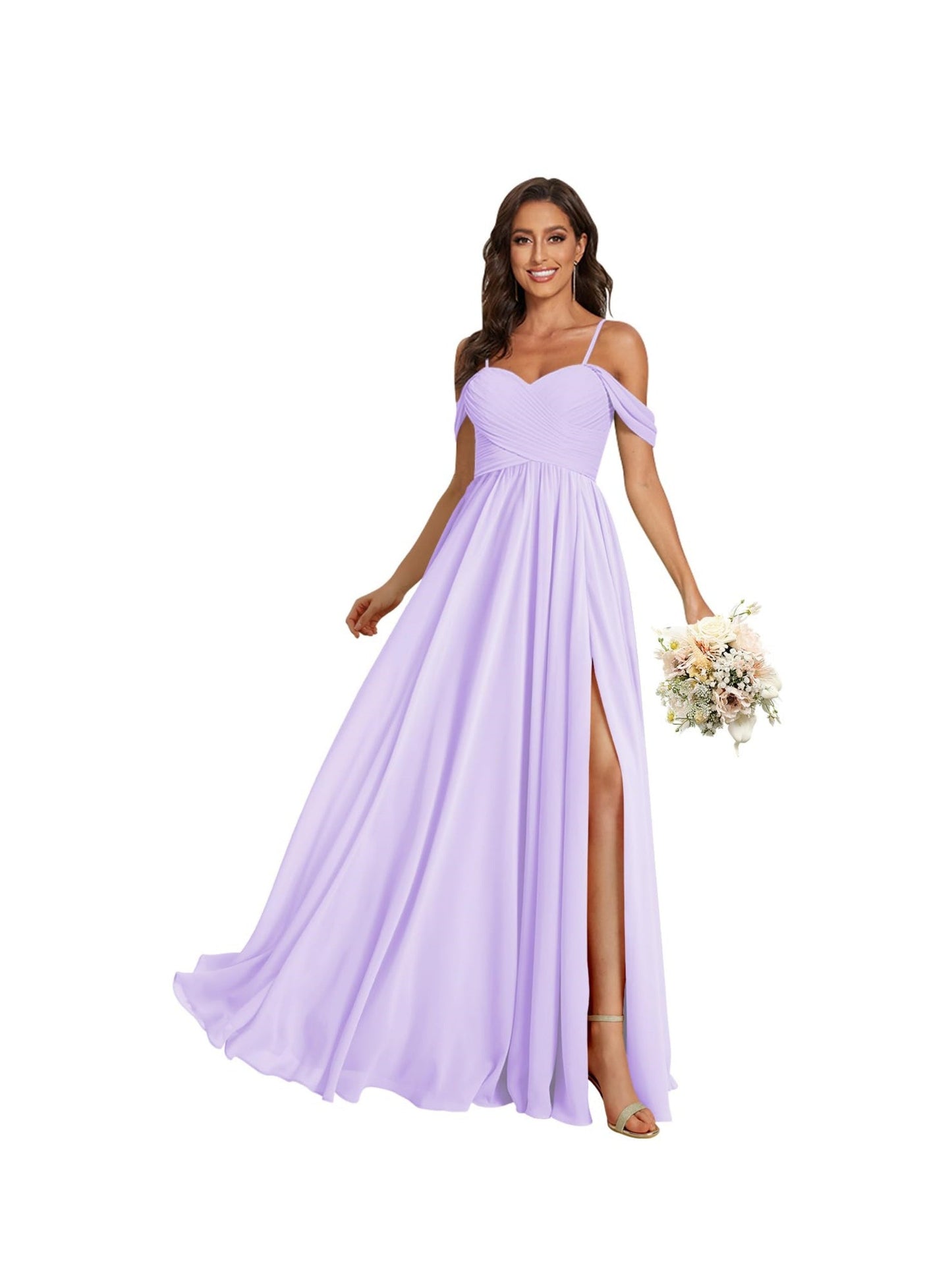 A Line /Princess Off Shoulder Sweetheart Sleeveless Floor Length Bridesmaid Dresses Chiffon with Pockets Slit