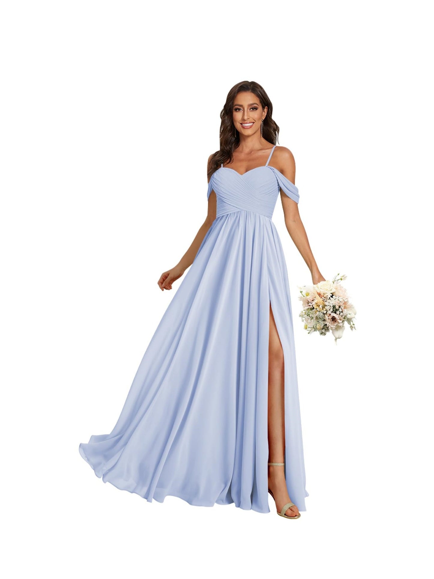A Line /Princess Off Shoulder Sweetheart Sleeveless Floor Length Bridesmaid Dresses Chiffon with Pockets Slit