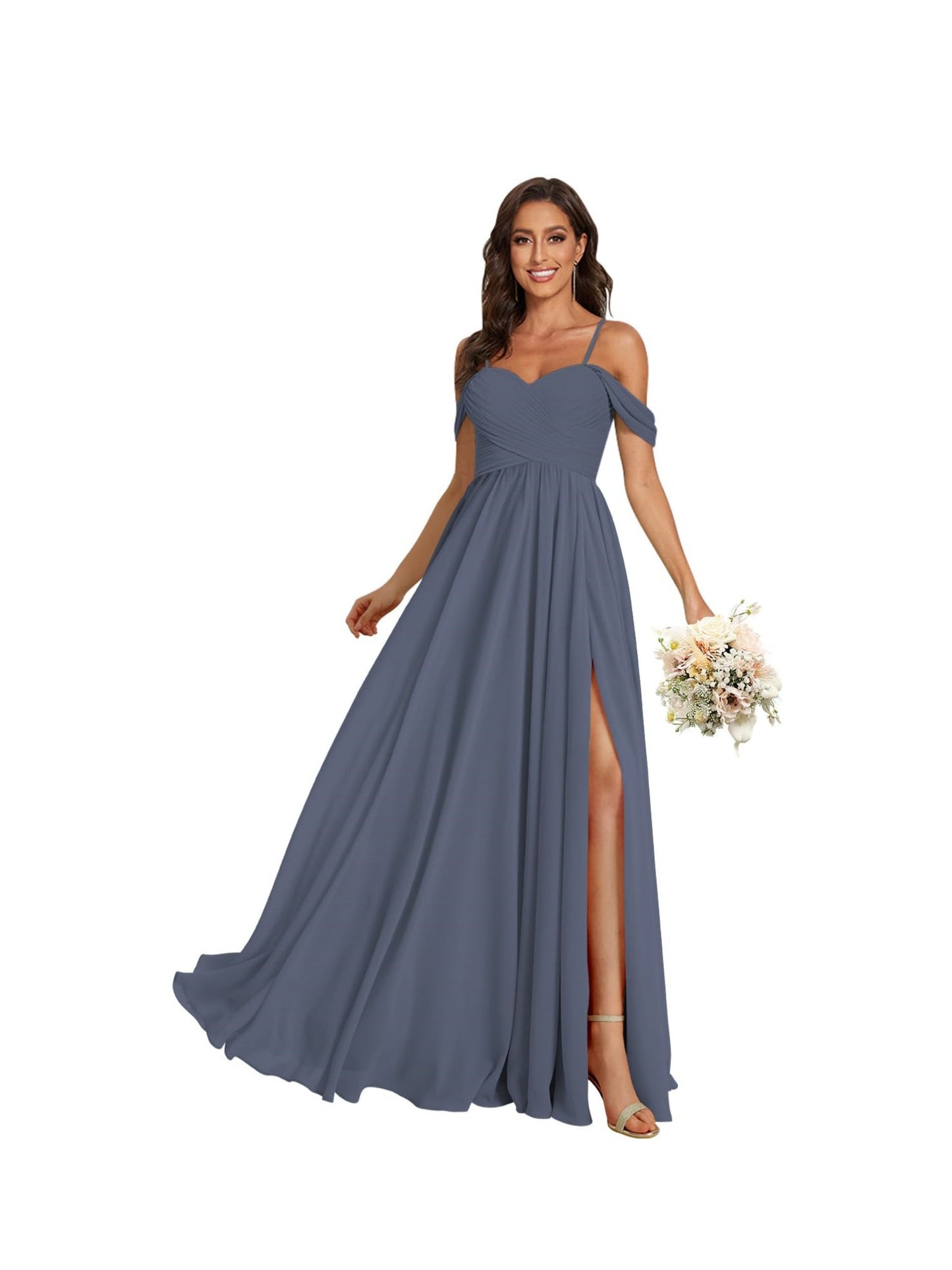 A Line /Princess Off Shoulder Sweetheart Sleeveless Floor Length Bridesmaid Dresses Chiffon with Pockets Slit