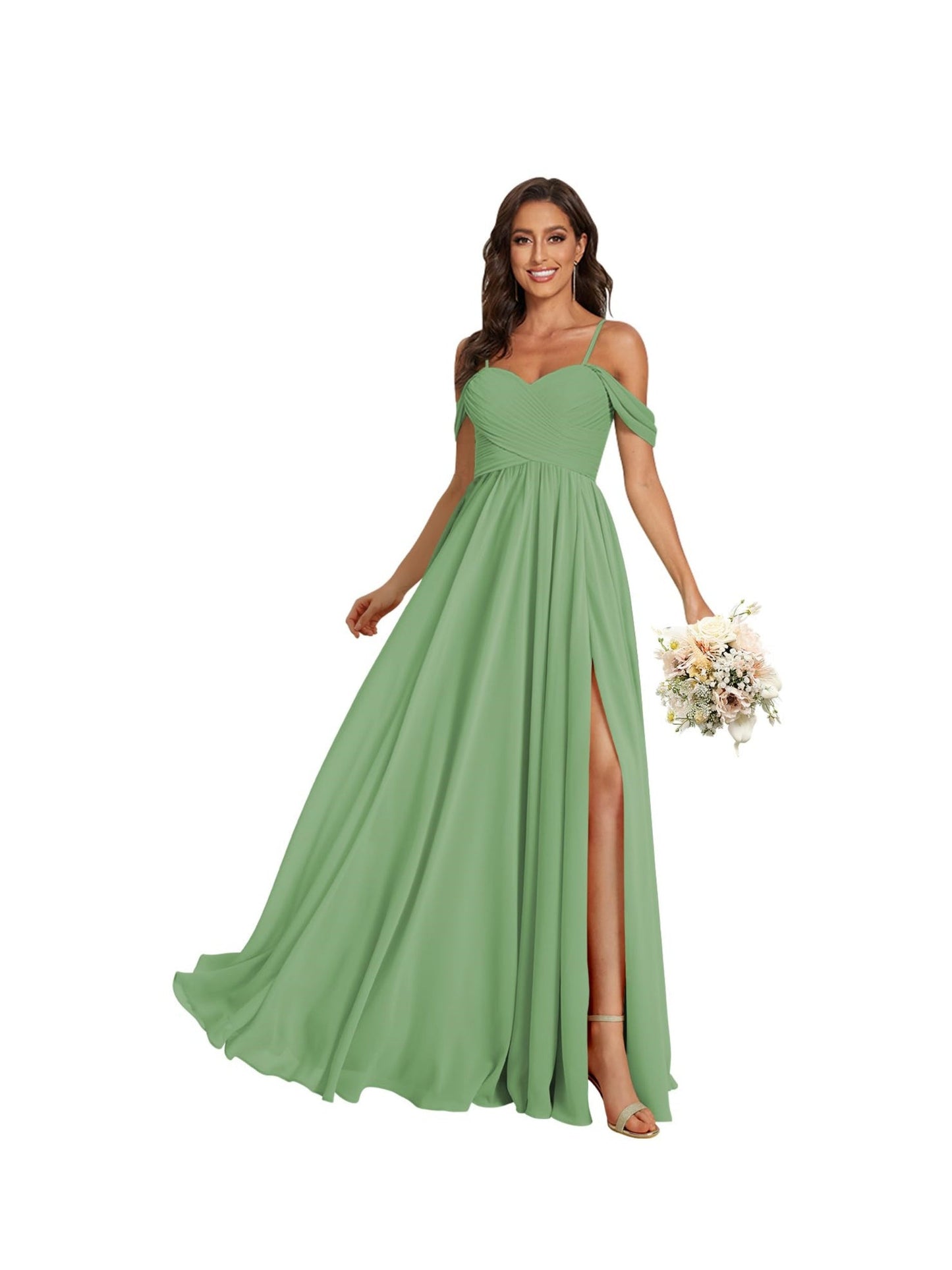 A Line /Princess Off Shoulder Sweetheart Sleeveless Floor Length Bridesmaid Dresses Chiffon with Pockets Slit