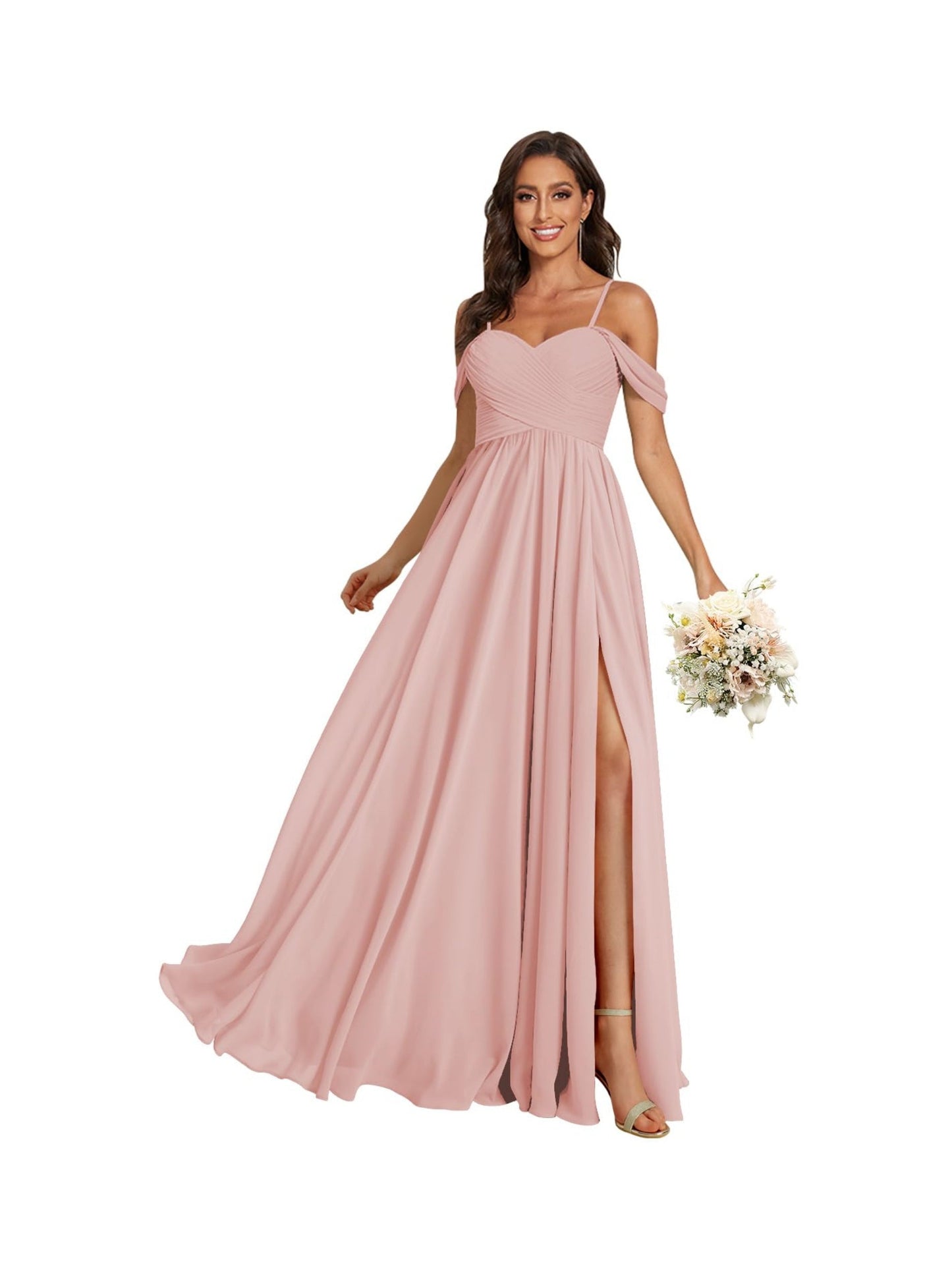 A Line /Princess Off Shoulder Sweetheart Sleeveless Floor Length Bridesmaid Dresses Chiffon with Pockets Slit