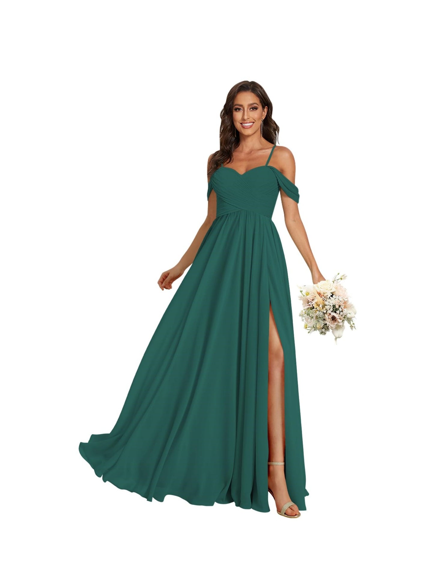 A Line /Princess Off Shoulder Sweetheart Sleeveless Floor Length Bridesmaid Dresses Chiffon with Pockets Slit