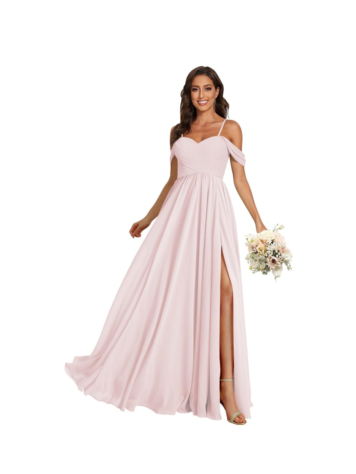 A Line /Princess Off Shoulder Sweetheart Sleeveless Floor Length Bridesmaid Dresses Chiffon with Pockets Slit