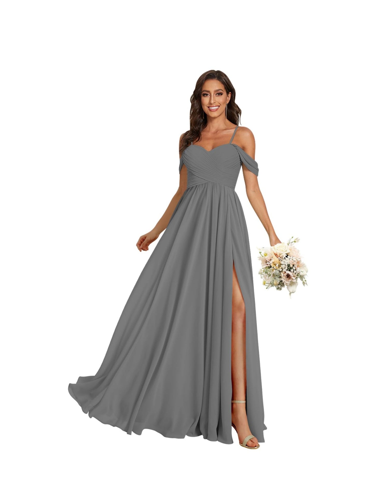 A Line /Princess Off Shoulder Sweetheart Sleeveless Floor Length Bridesmaid Dresses Chiffon with Pockets Slit