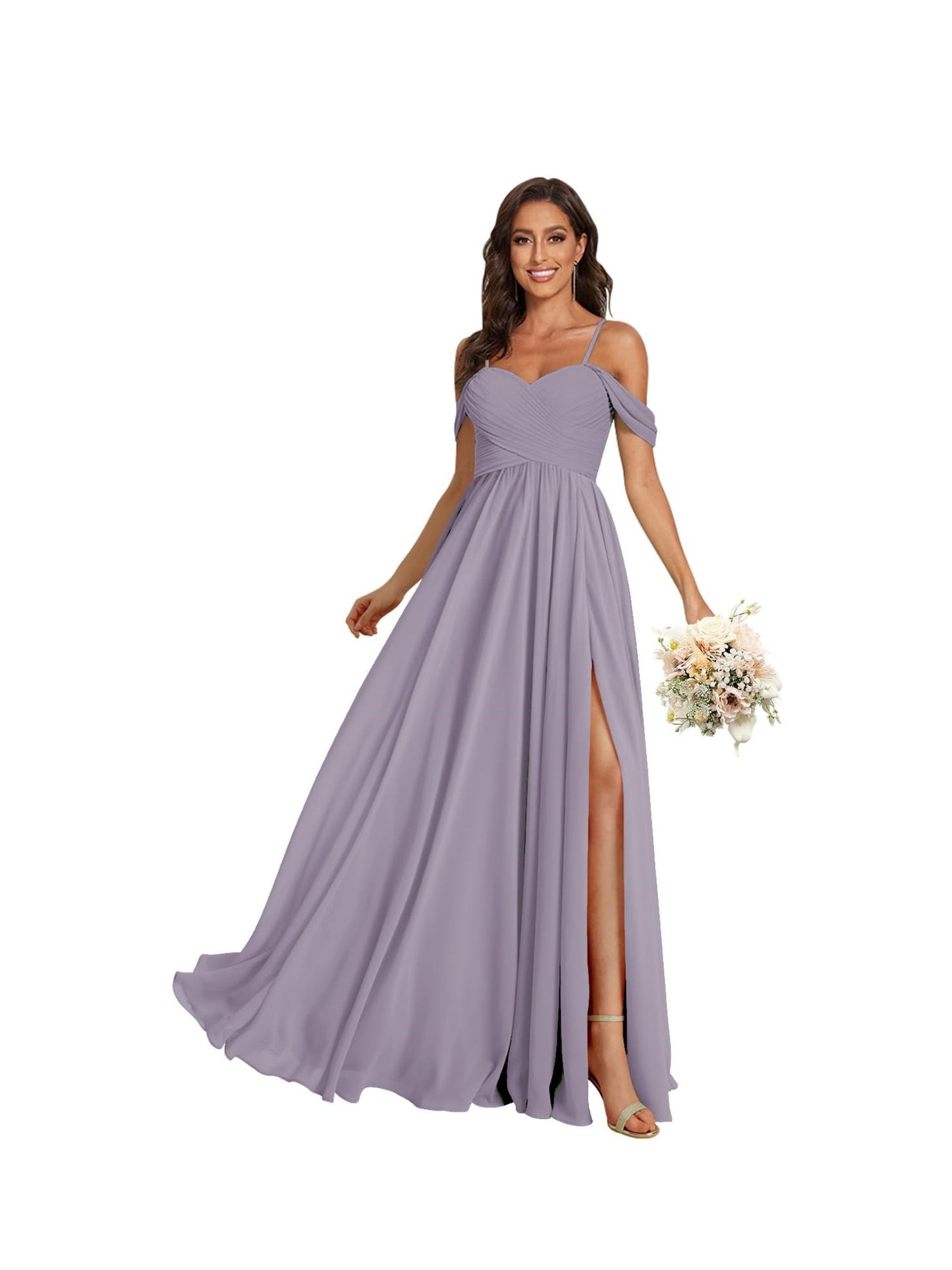 A Line /Princess Off Shoulder Sweetheart Sleeveless Floor Length Bridesmaid Dresses Chiffon with Pockets Slit