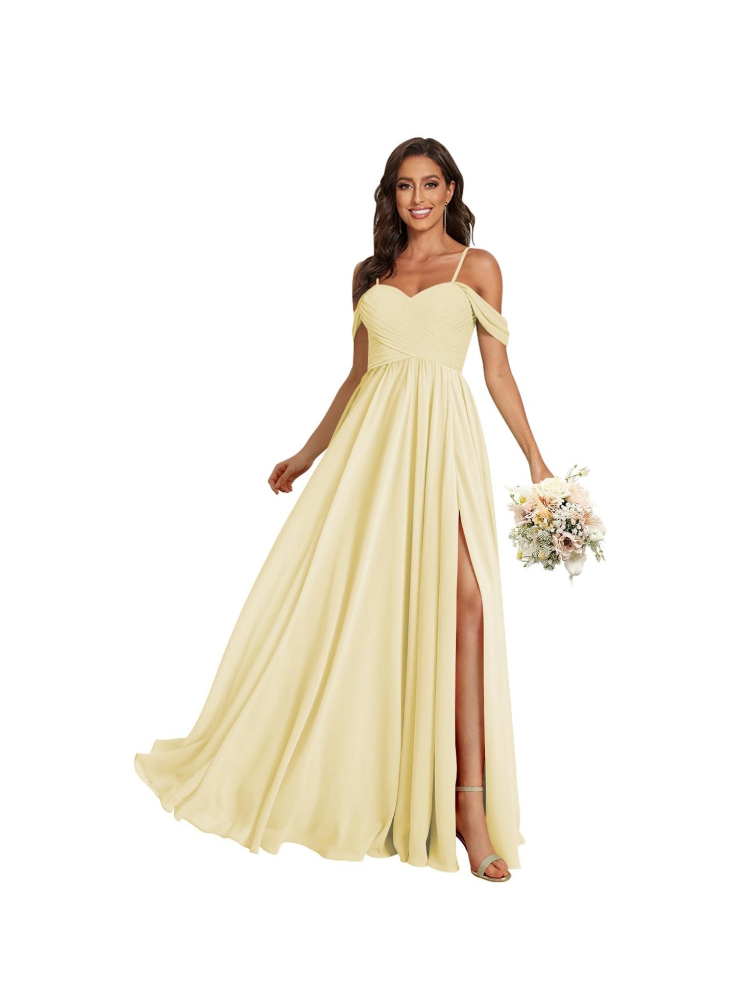 A Line /Princess Off Shoulder Sweetheart Sleeveless Floor Length Bridesmaid Dresses Chiffon with Pockets Slit