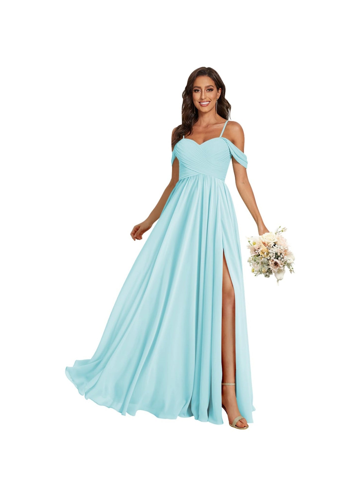 A Line /Princess Off Shoulder Sweetheart Sleeveless Floor Length Bridesmaid Dresses Chiffon with Pockets Slit