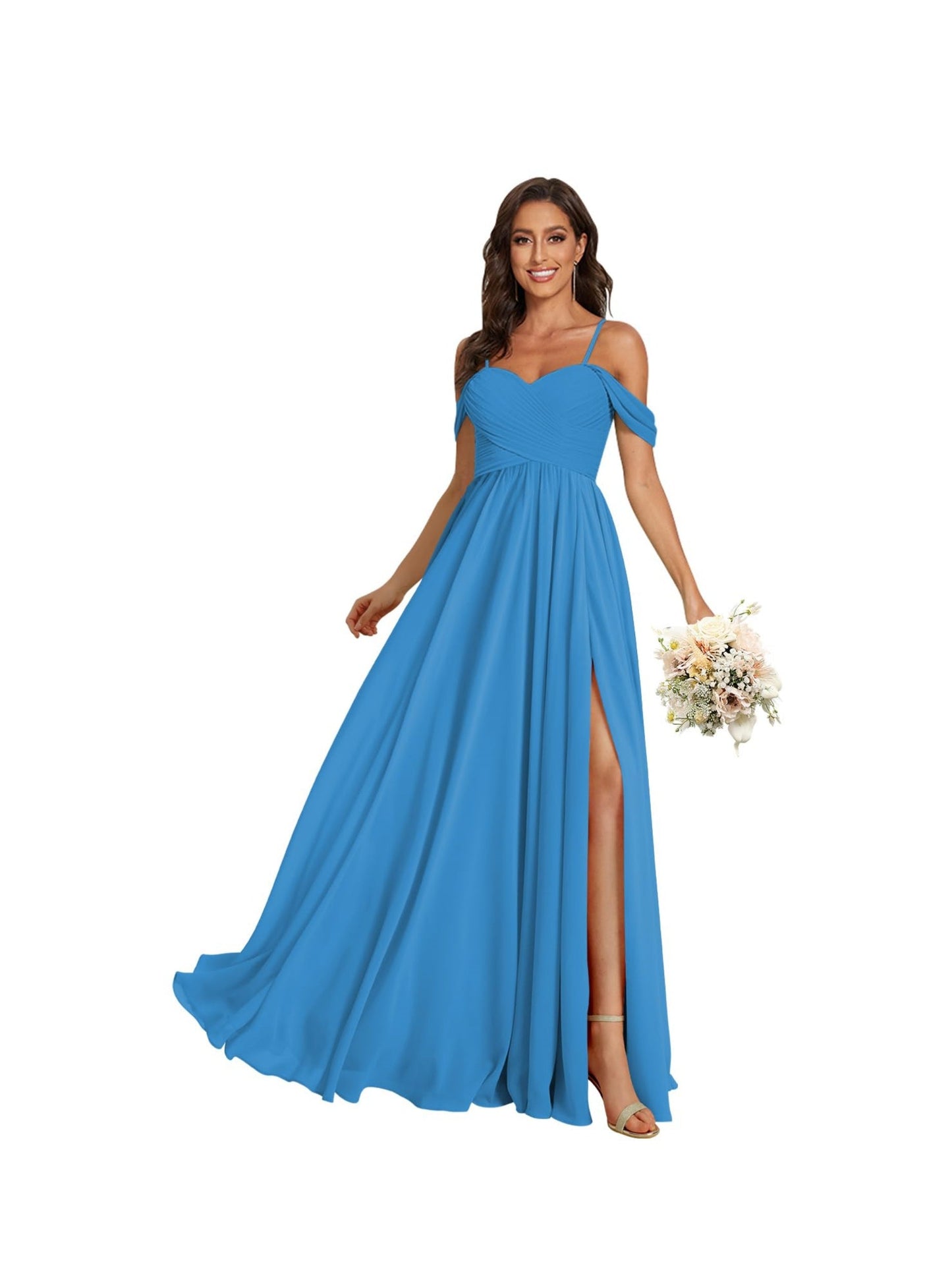 A Line /Princess Off Shoulder Sweetheart Sleeveless Floor Length Bridesmaid Dresses Chiffon with Pockets Slit