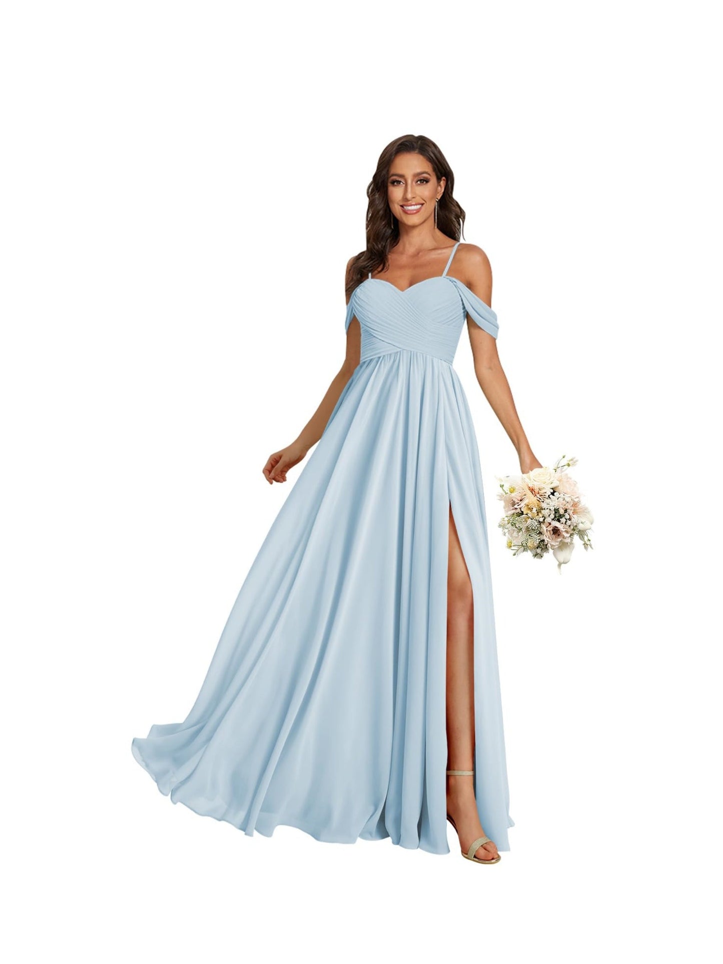 A Line /Princess Off Shoulder Sweetheart Sleeveless Floor Length Bridesmaid Dresses Chiffon with Pockets Slit