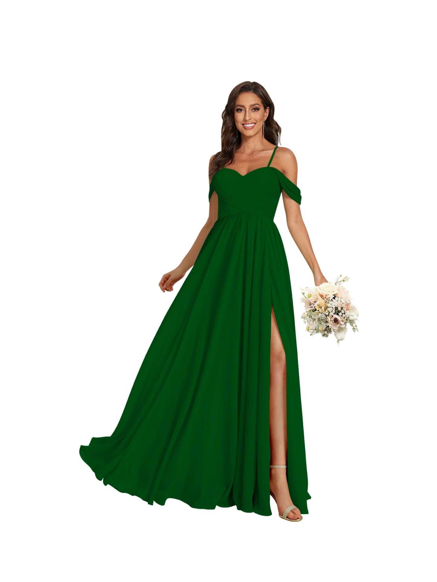 A Line /Princess Off Shoulder Sweetheart Sleeveless Floor Length Bridesmaid Dresses Chiffon with Pockets Slit
