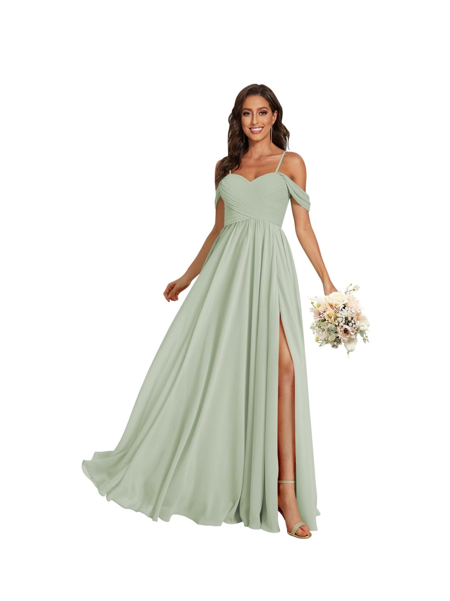 A Line /Princess Off Shoulder Sweetheart Sleeveless Floor Length Bridesmaid Dresses Chiffon with Pockets Slit