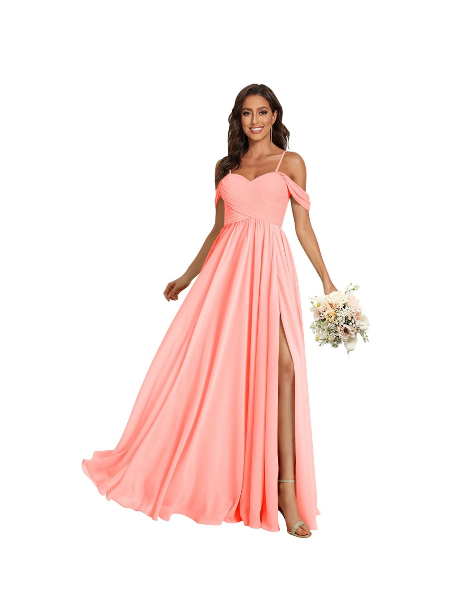 A Line /Princess Off Shoulder Sweetheart Sleeveless Floor Length Bridesmaid Dresses Chiffon with Pockets Slit