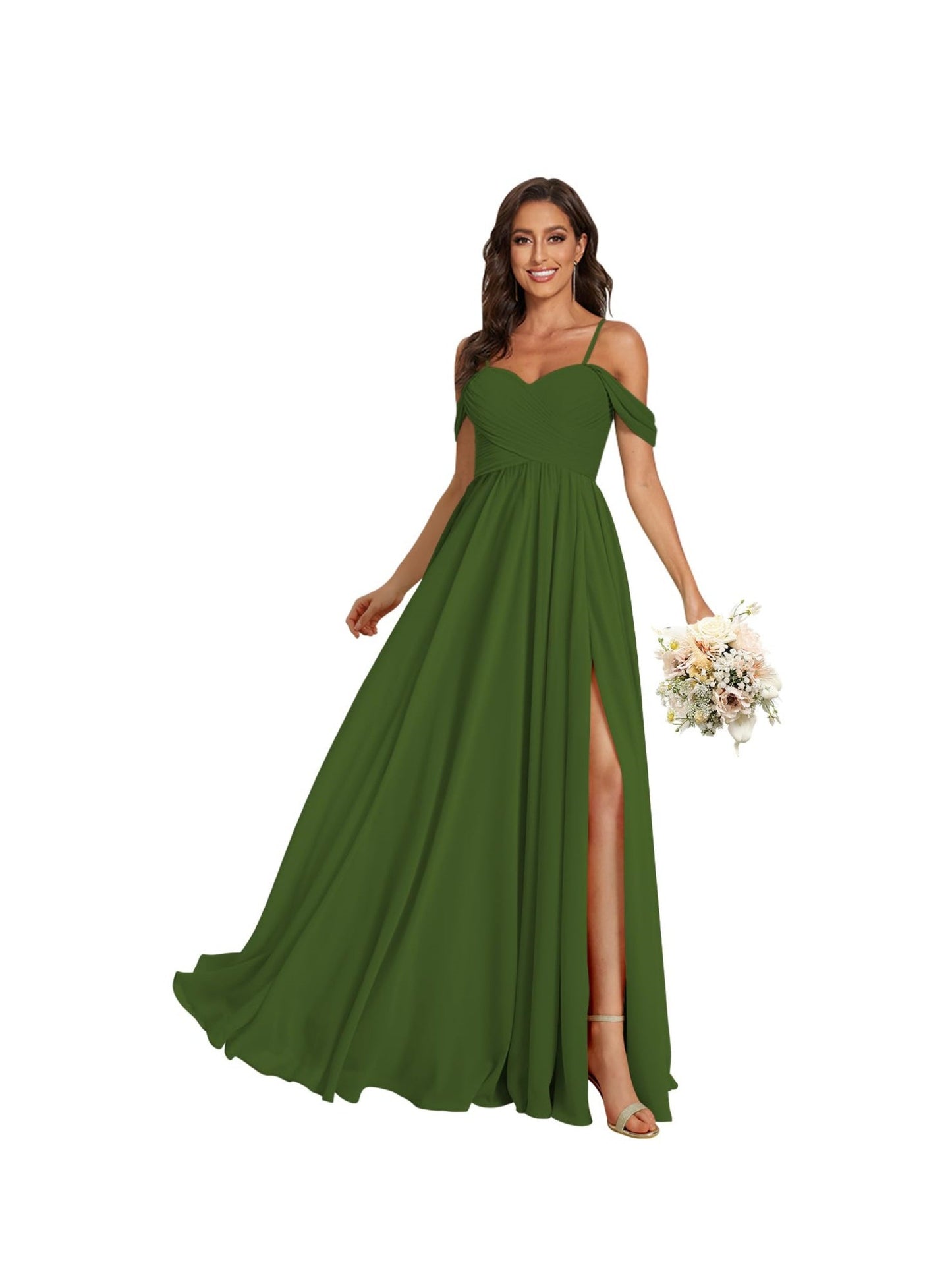 A Line /Princess Off Shoulder Sweetheart Sleeveless Floor Length Bridesmaid Dresses Chiffon with Pockets Slit