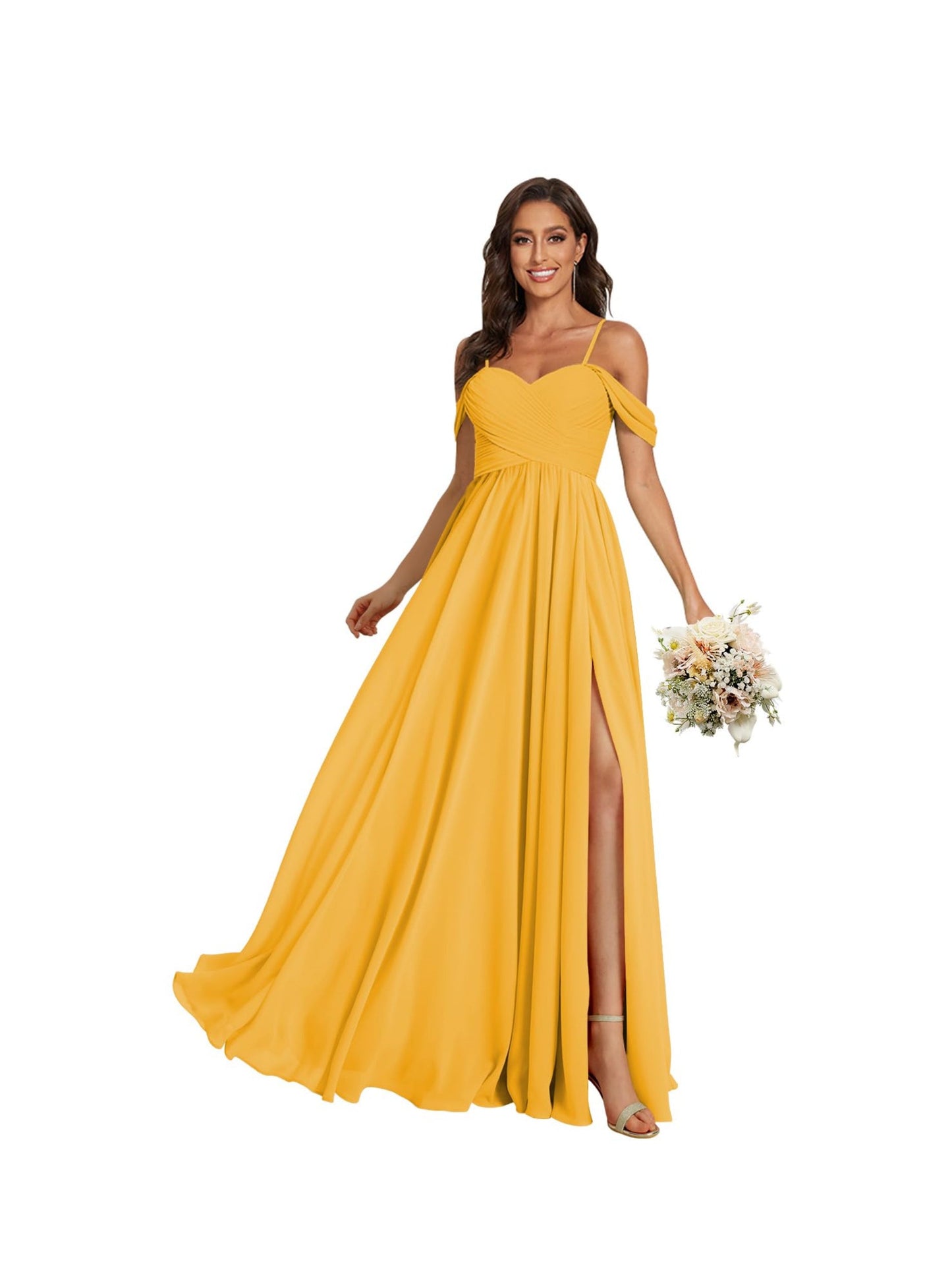 A Line /Princess Off Shoulder Sweetheart Sleeveless Floor Length Bridesmaid Dresses Chiffon with Pockets Slit