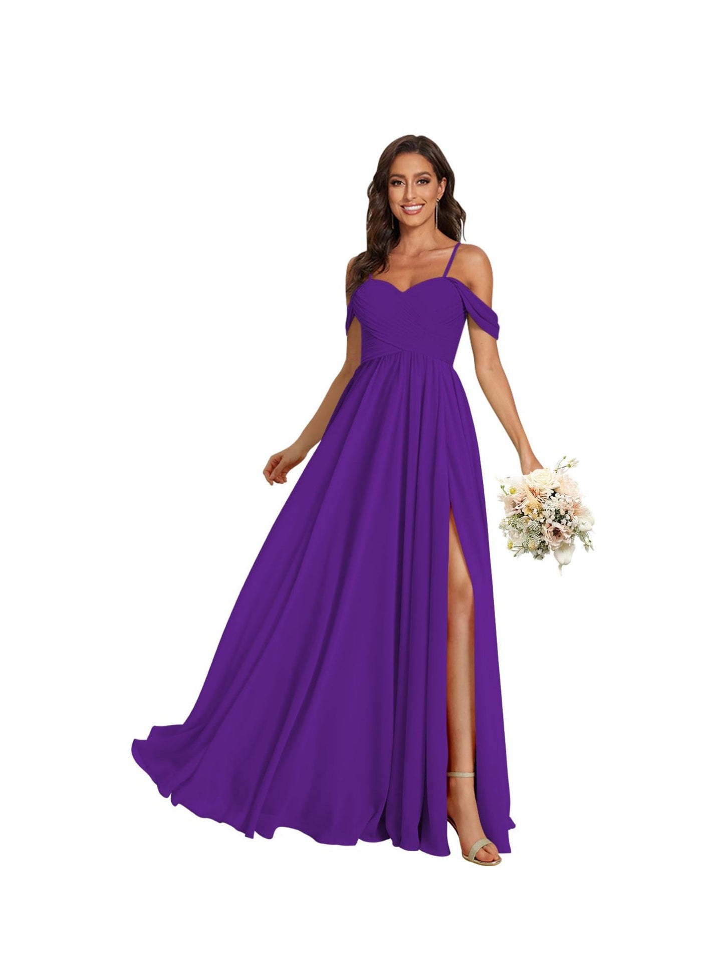 A Line /Princess Off Shoulder Sweetheart Sleeveless Floor Length Bridesmaid Dresses Chiffon with Pockets Slit