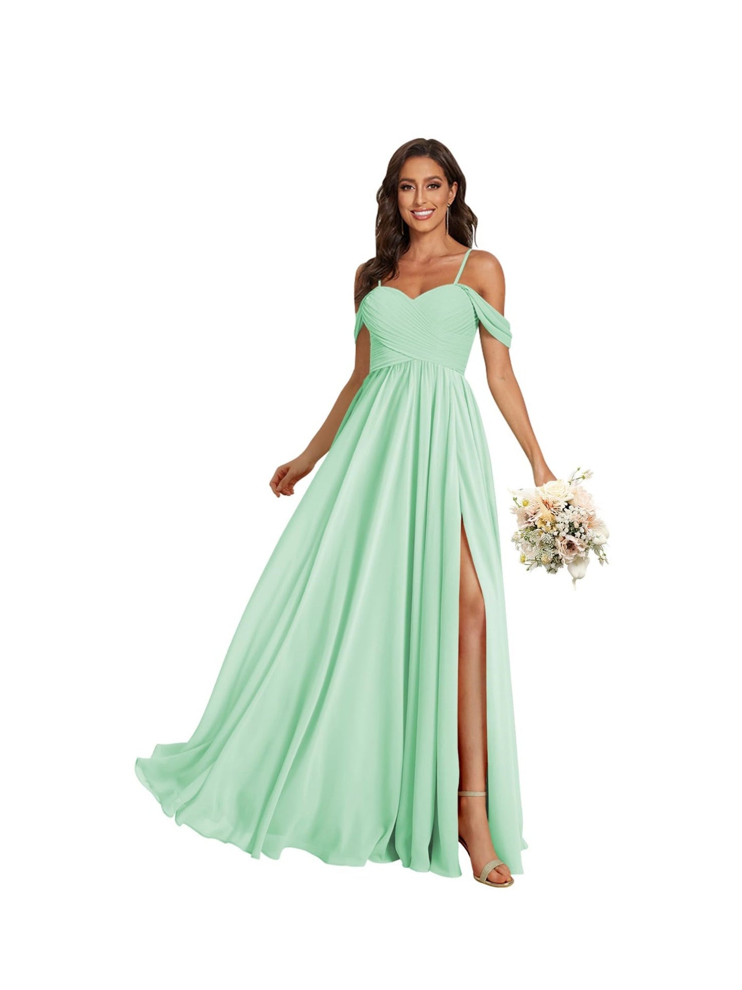 A Line /Princess Off Shoulder Sweetheart Sleeveless Floor Length Bridesmaid Dresses Chiffon with Pockets Slit