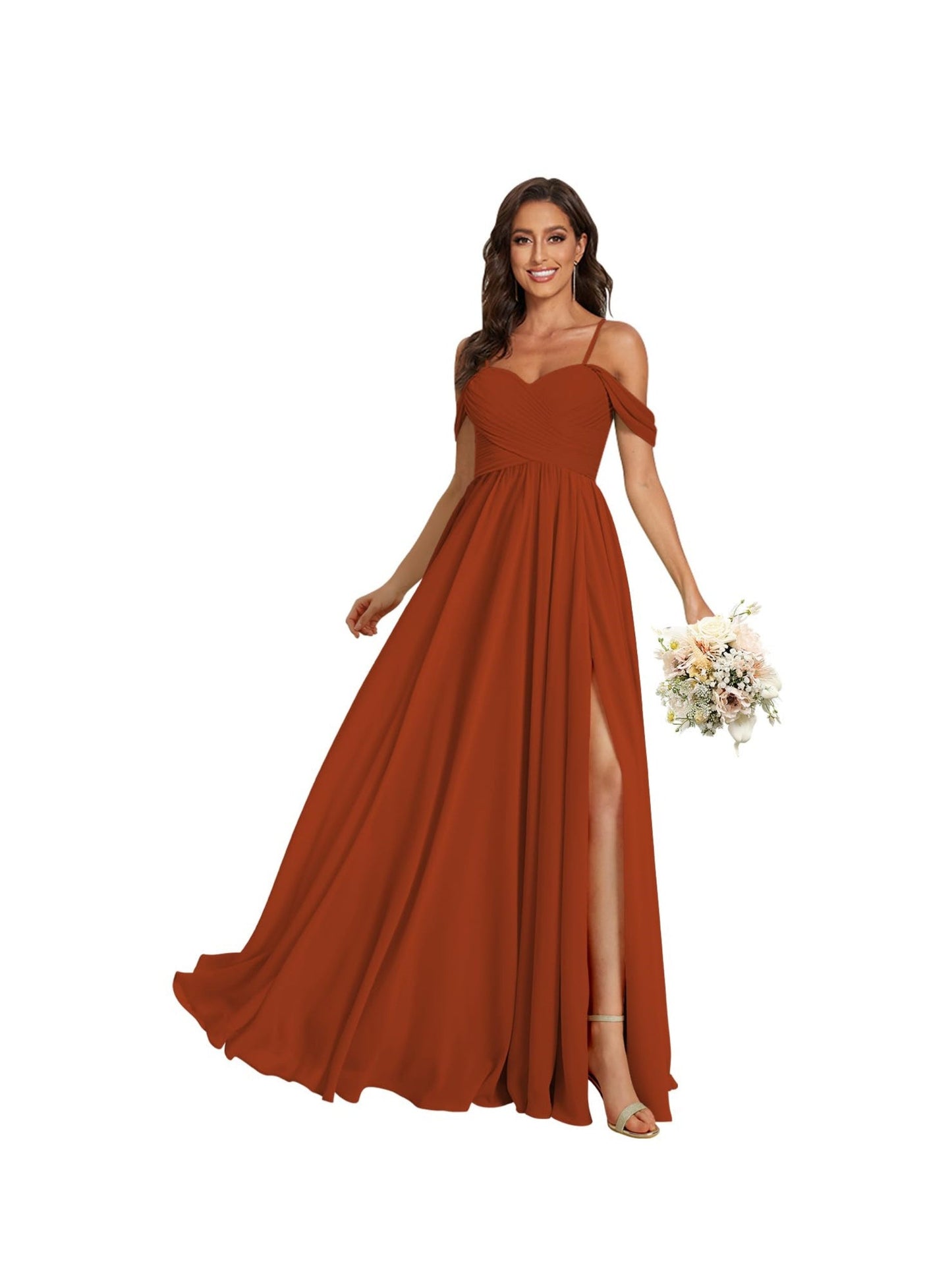A Line /Princess Off Shoulder Sweetheart Sleeveless Floor Length Bridesmaid Dresses Chiffon with Pockets Slit