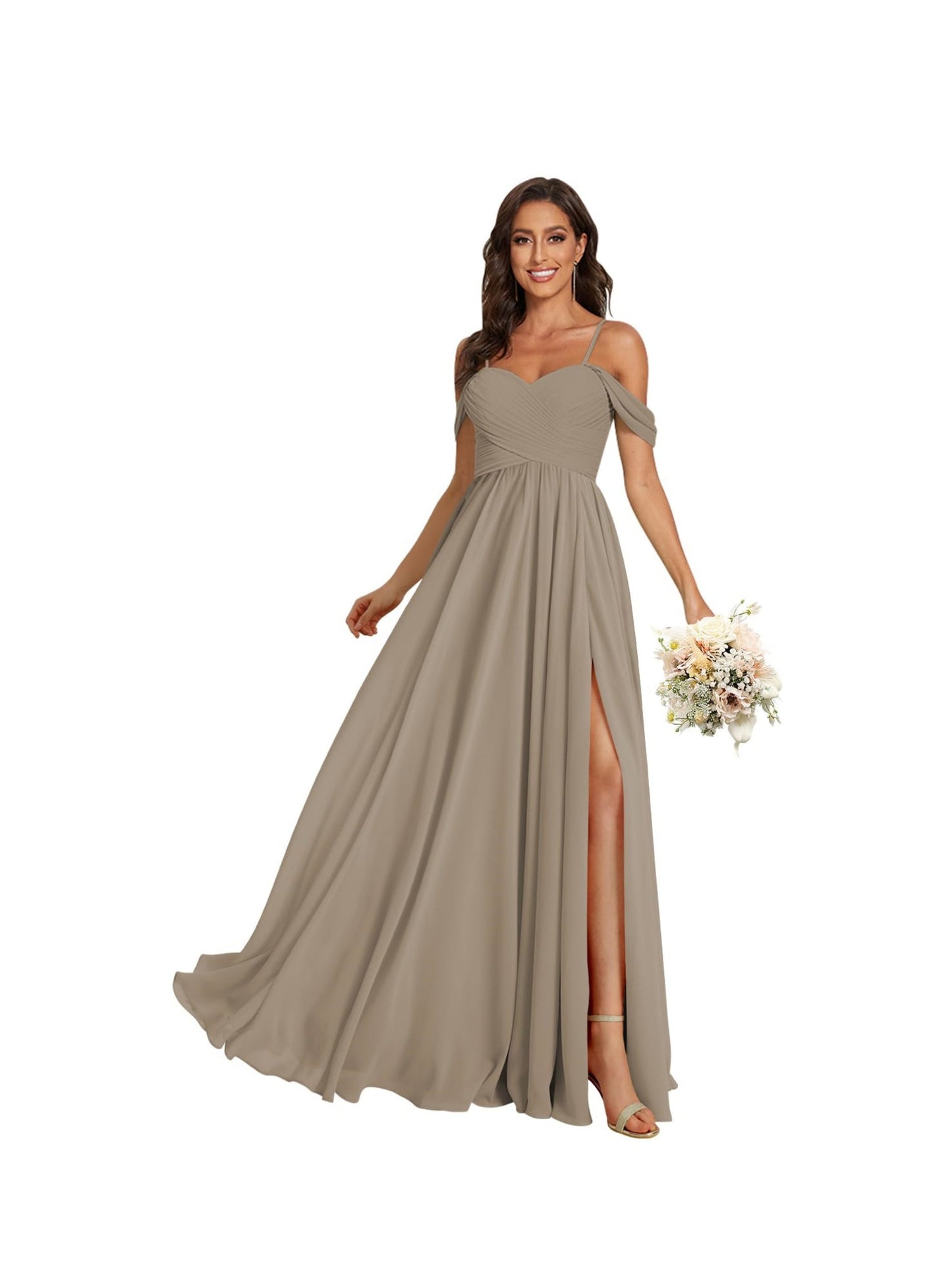 A Line /Princess Off Shoulder Sweetheart Sleeveless Floor Length Bridesmaid Dresses Chiffon with Pockets Slit