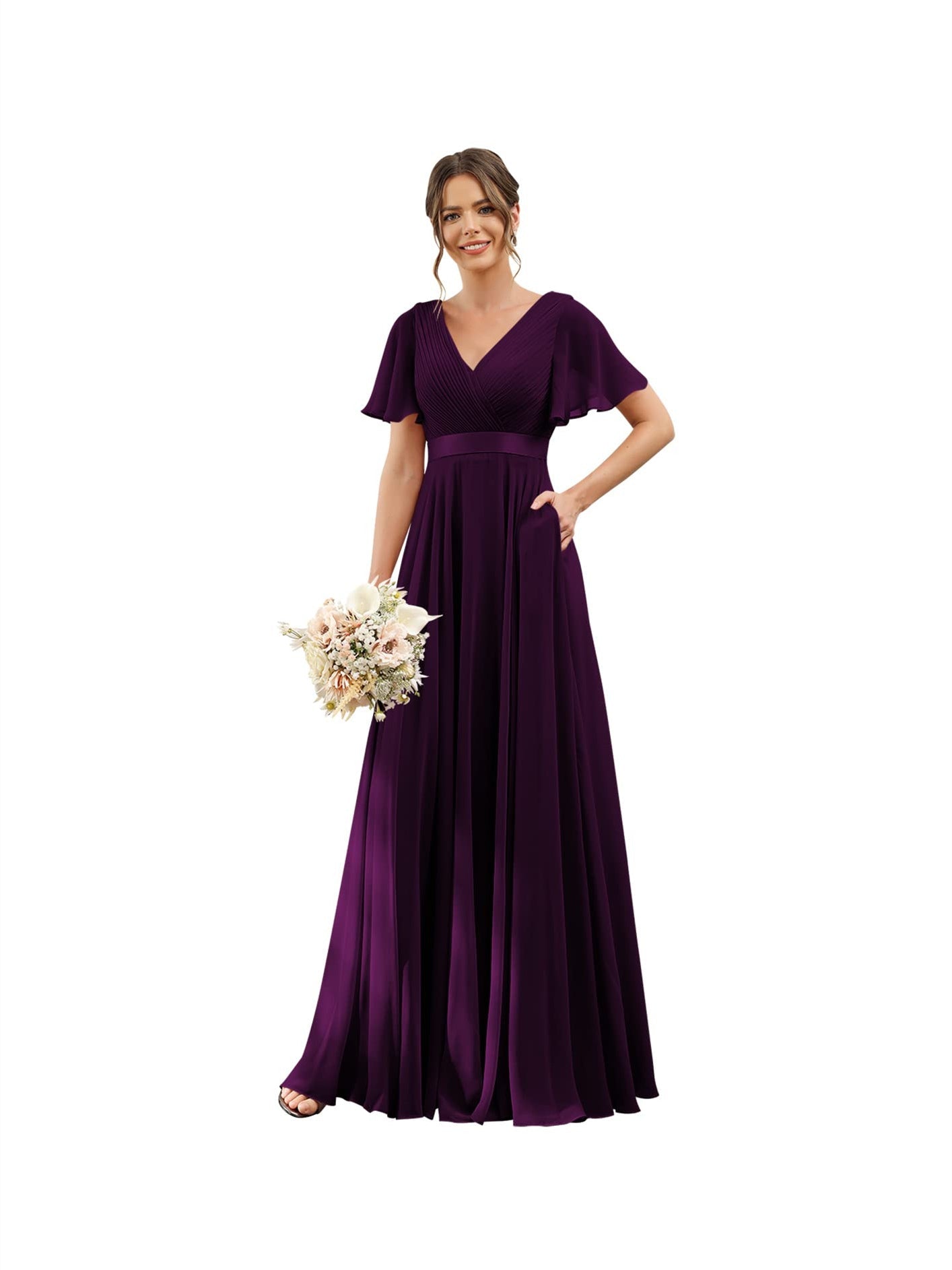 A-Line V Neck Flutter Sleeves Floor Length Bridesmaid Dresses Chiffon with Pockets Ruched
