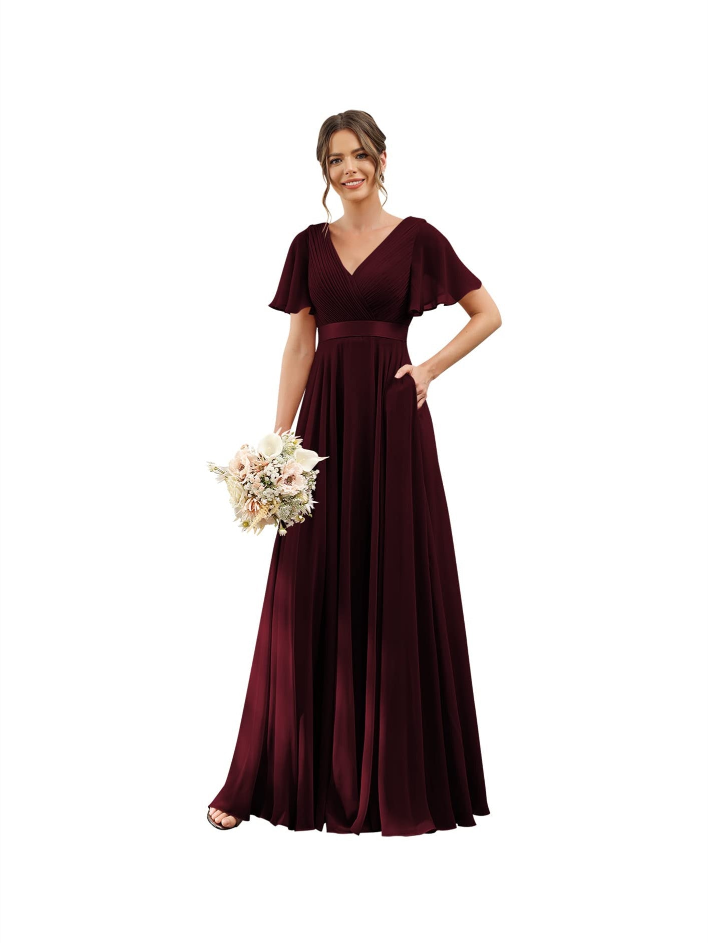 A-Line V Neck Flutter Sleeves Floor Length Bridesmaid Dresses Chiffon with Pockets Ruched