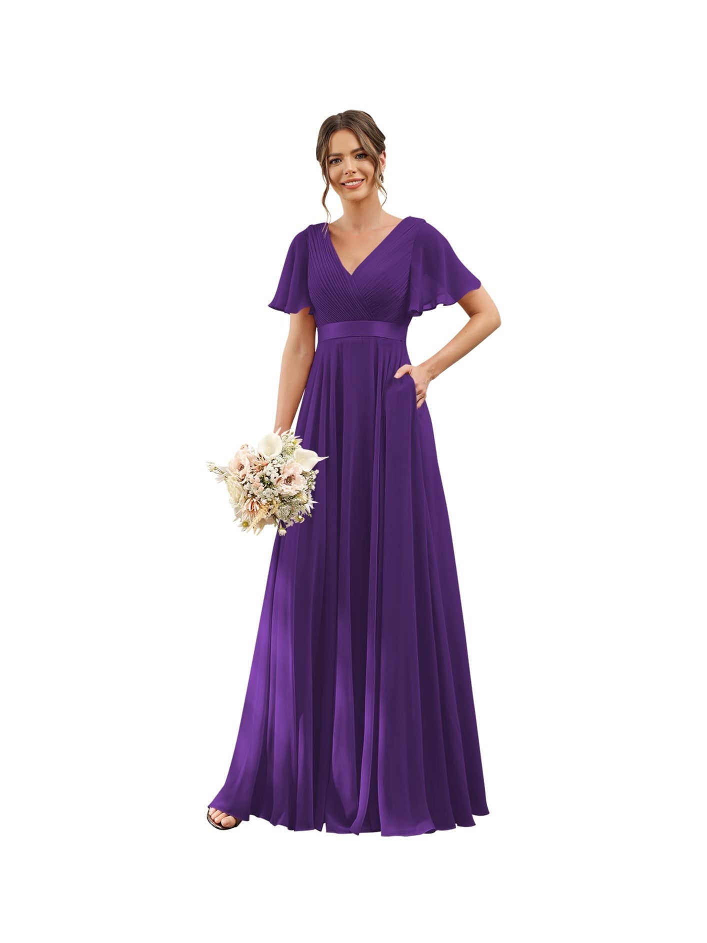 A-Line V Neck Flutter Sleeves Floor Length Bridesmaid Dresses Chiffon with Pockets Ruched