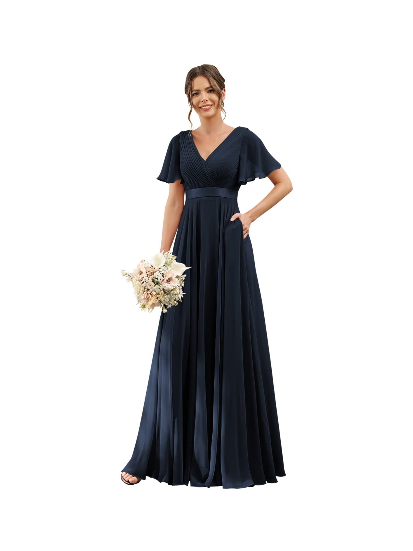 A-Line V Neck Flutter Sleeves Floor Length Bridesmaid Dresses Chiffon with Pockets Ruched
